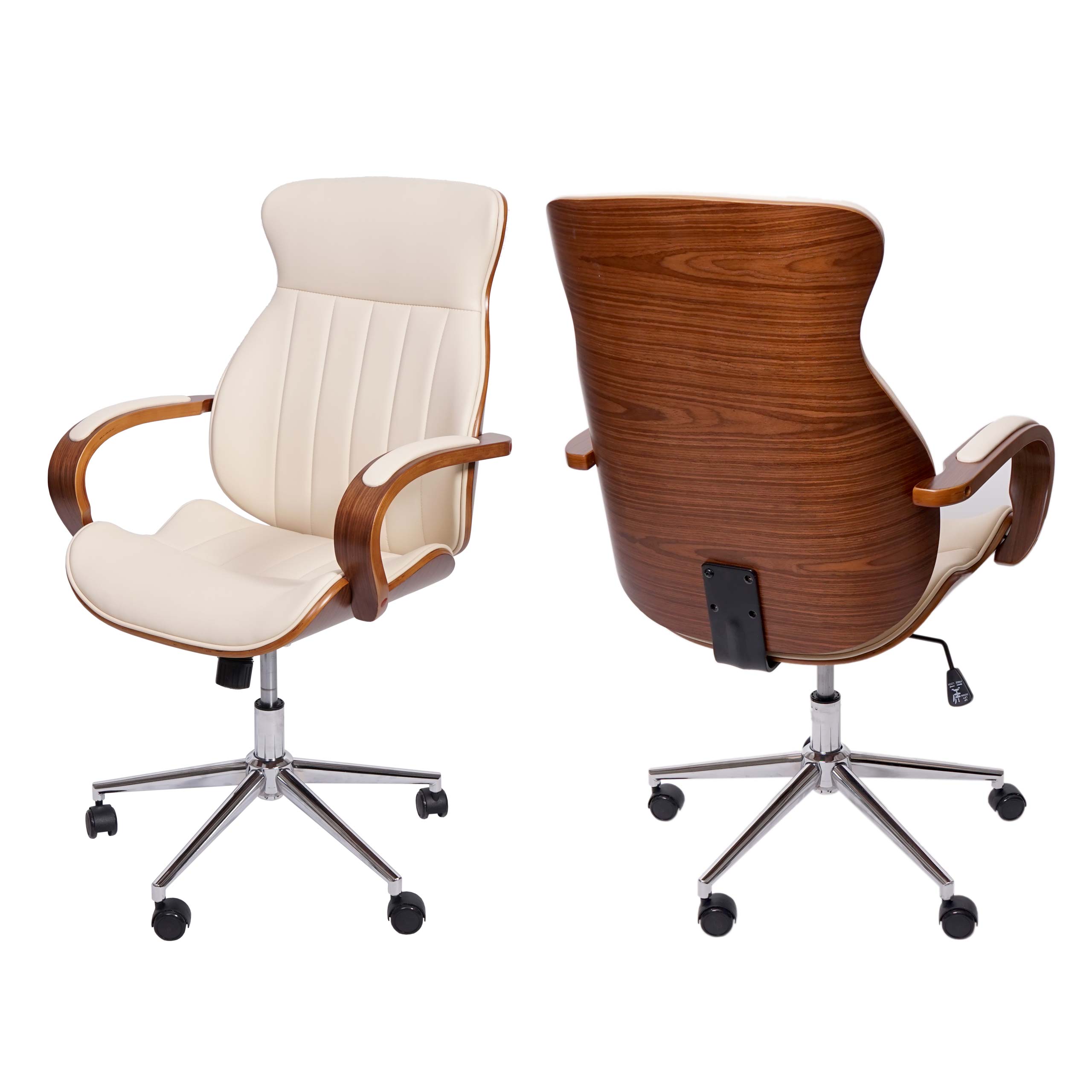 B&uuml;rostuhl MCW-H39, Schreibtischstuhl Drehstuhl Chefsessel, Bugholz Walnuss-Optik Kunstleder MVG-zertifiziert ~ creme 