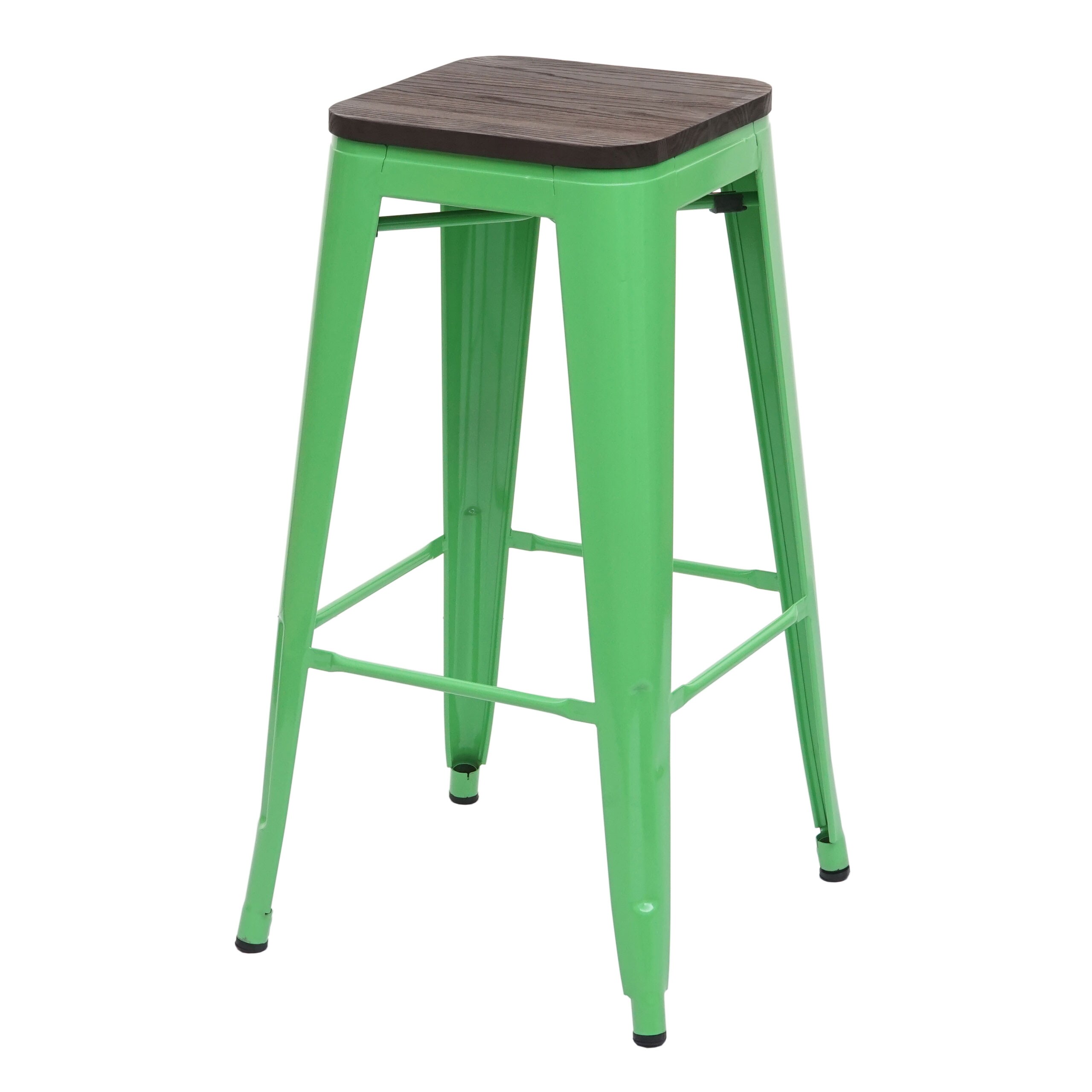 Barhocker MCW-A73 inkl. Holz-Sitzfl&auml;che, Barstuhl Tresenhocker, Metall Industriedesign stapelbar ~ gr&uuml;n 