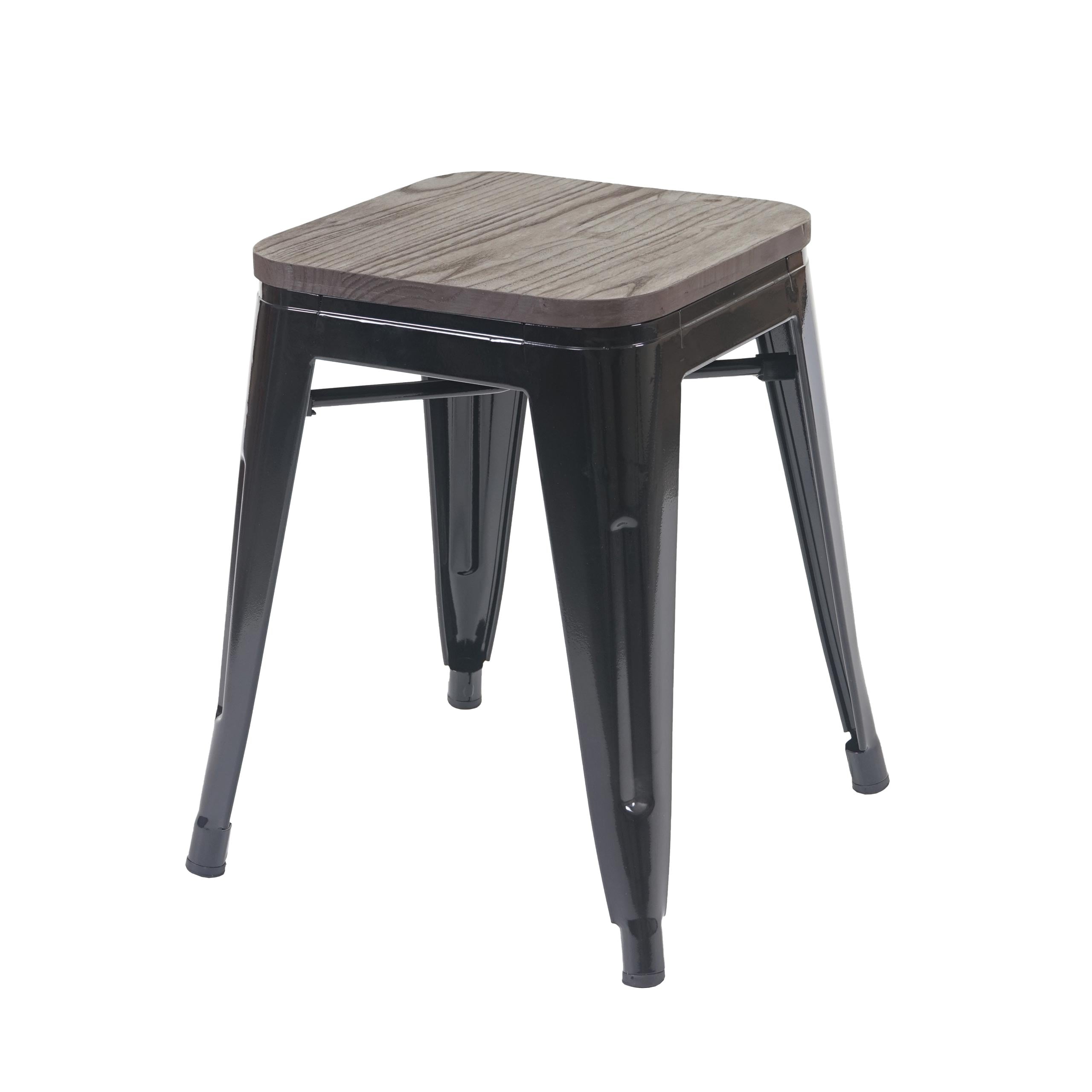 Hocker MCW-A73 inkl. Holz-Sitzfl&auml;che, Metallhocker Sitzhocker, Metall Industriedesign stapelbar ~ schwarz 