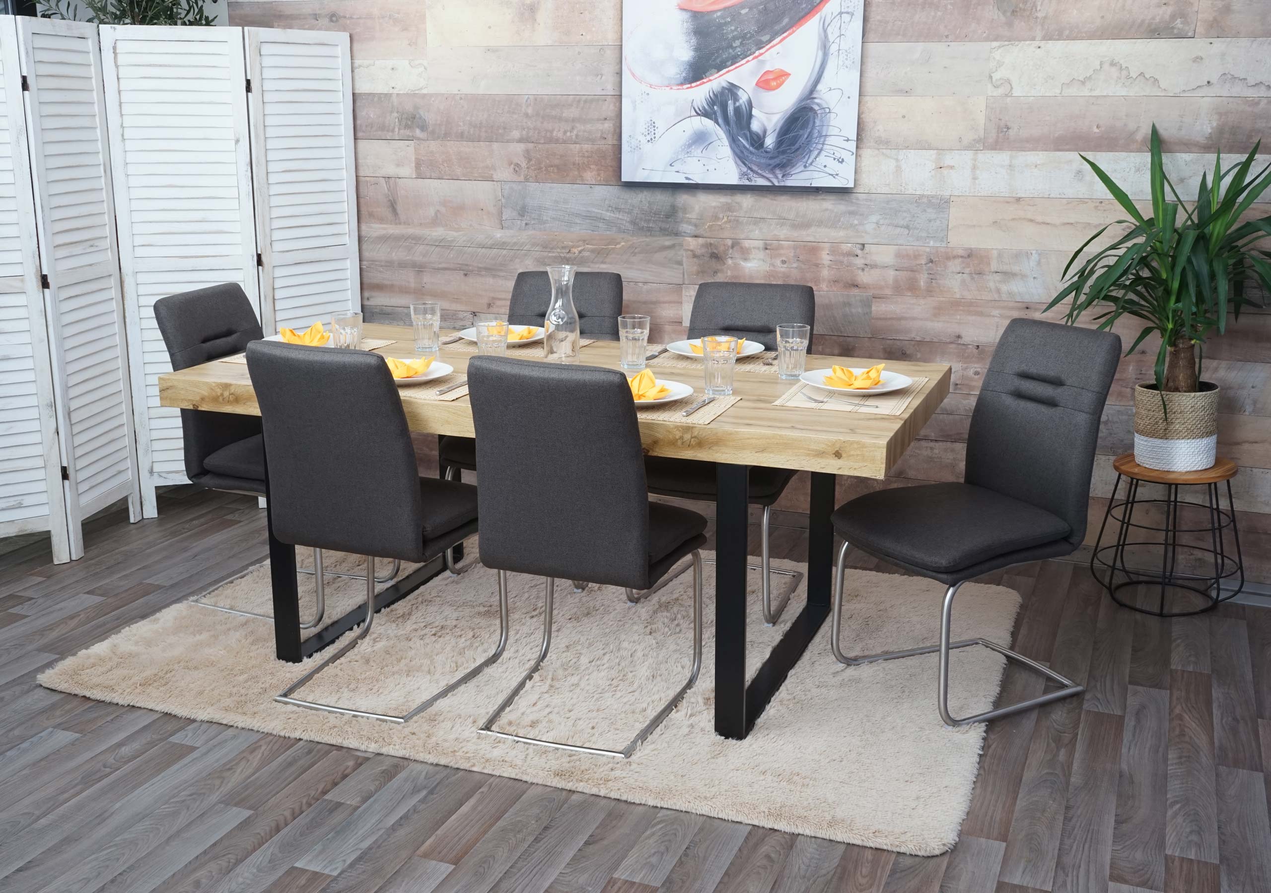 6er-Set Esszimmerstuhl MCW-H70, K&uuml;chenstuhl Freischwinger Stuhl, Stoff/Textil Edelstahl geb&uuml;rstet ~ grau-braun 
