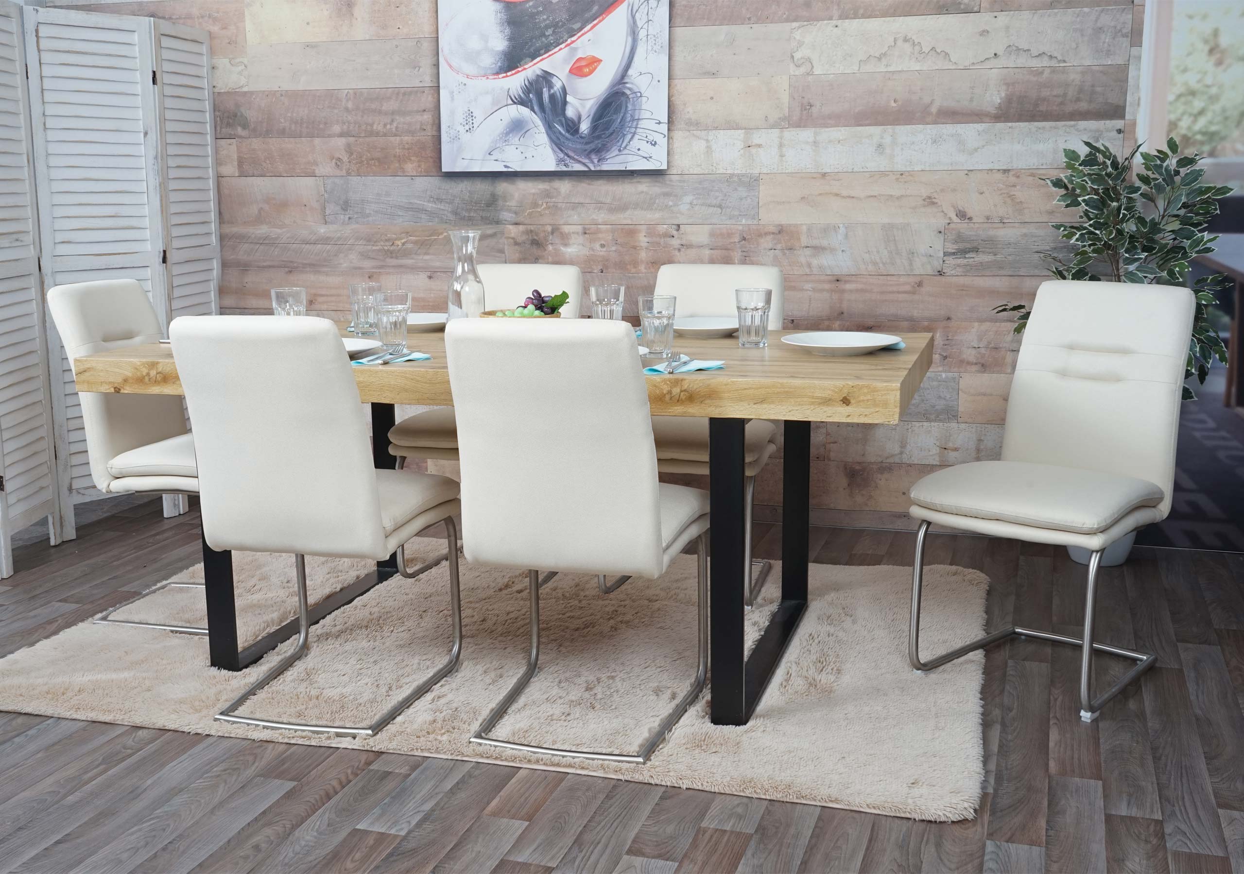 6er-Set Esszimmerstuhl MCW-H70, K&uuml;chenstuhl Freischwinger Stuhl, Stoff/Textil Edelstahl geb&uuml;rstet ~ creme-beige 