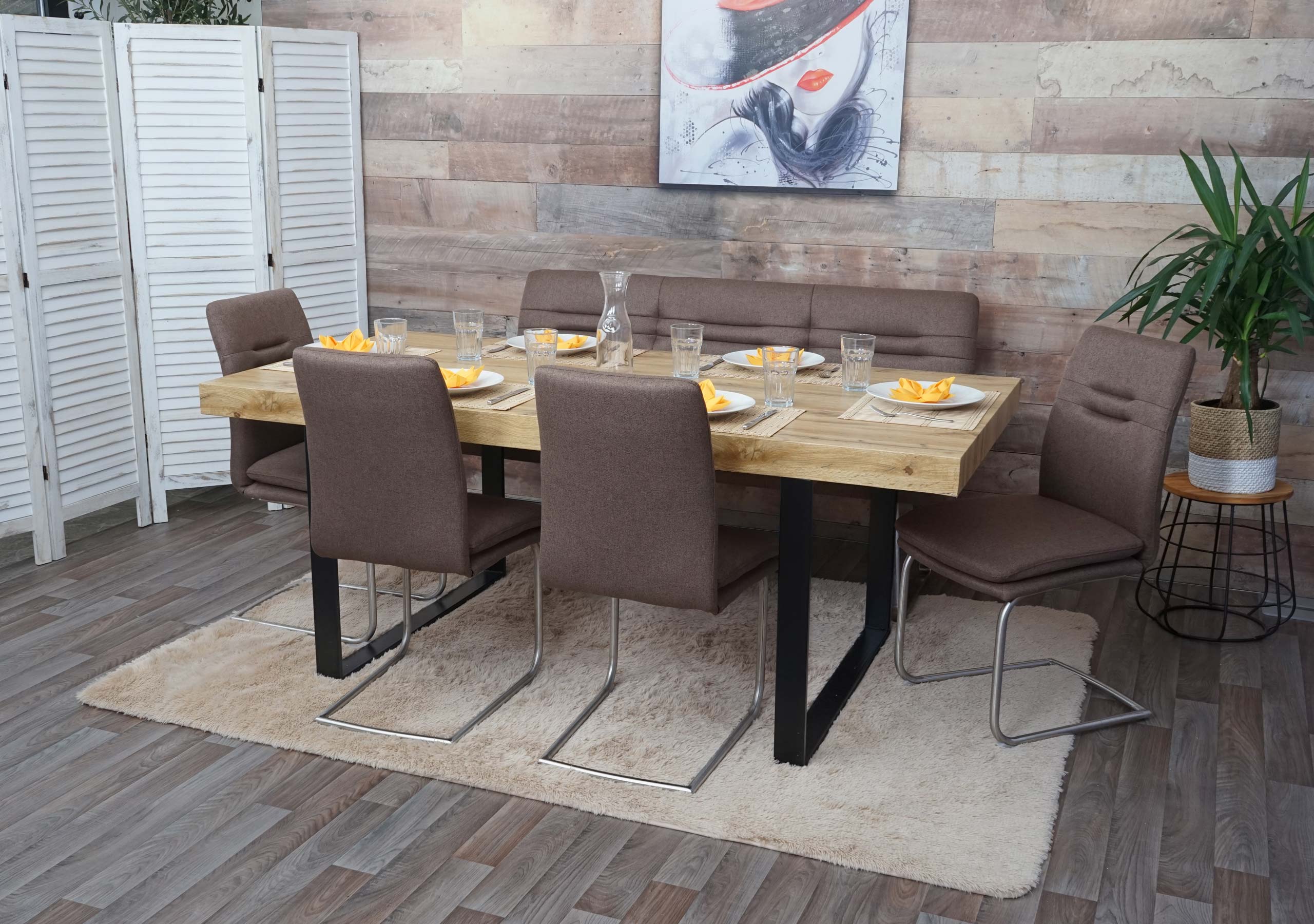 Esszimmer-Set MCW-H70, Esszimmergruppe Sitzgruppe Esszimmergarnitur, Stoff/Textil Edelstahl geb&uuml;rstet ~ braun 160cm 