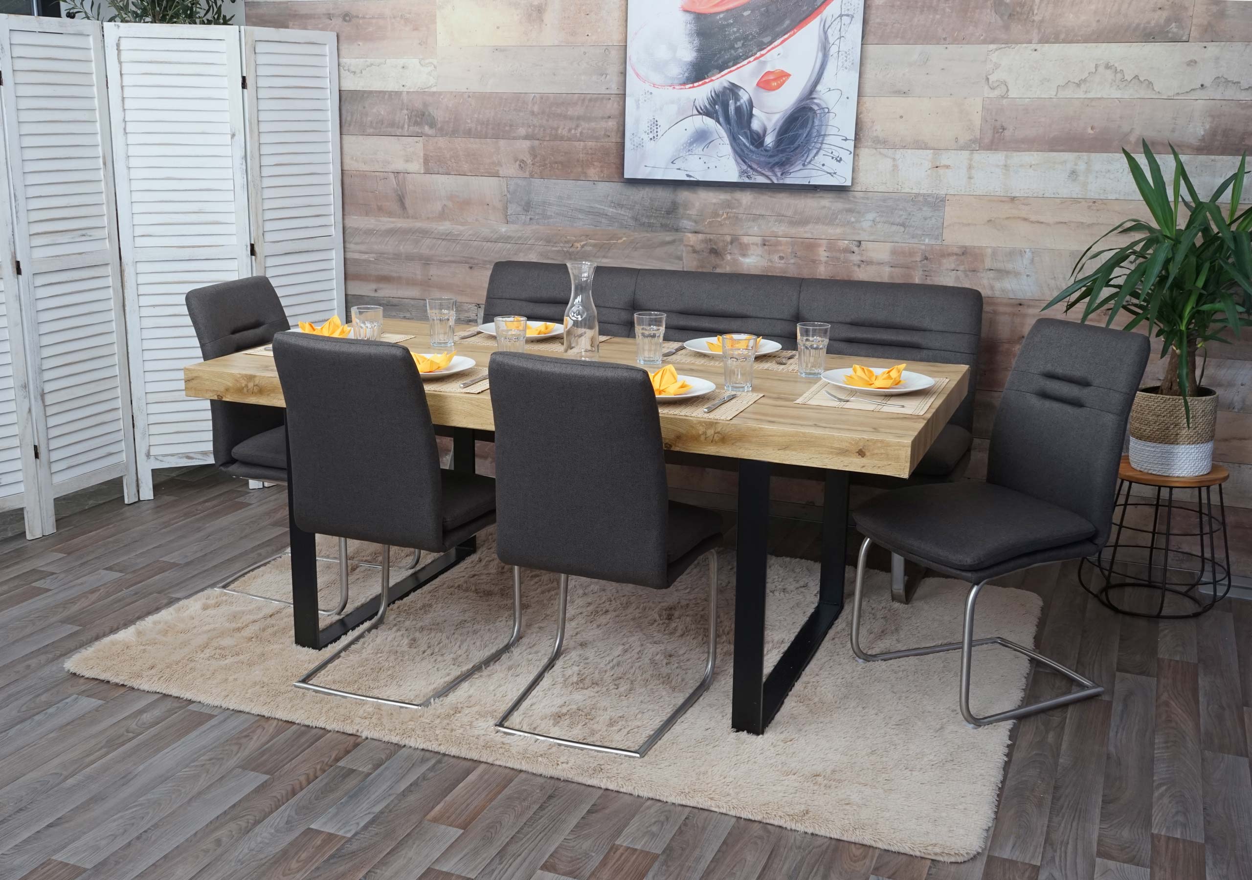 Esszimmer-Set MCW-H70, Esszimmergruppe Sitzgruppe Esszimmergarnitur, Stoff/Textil Edelstahl geb&uuml;rstet ~ grau-braun 180cm 