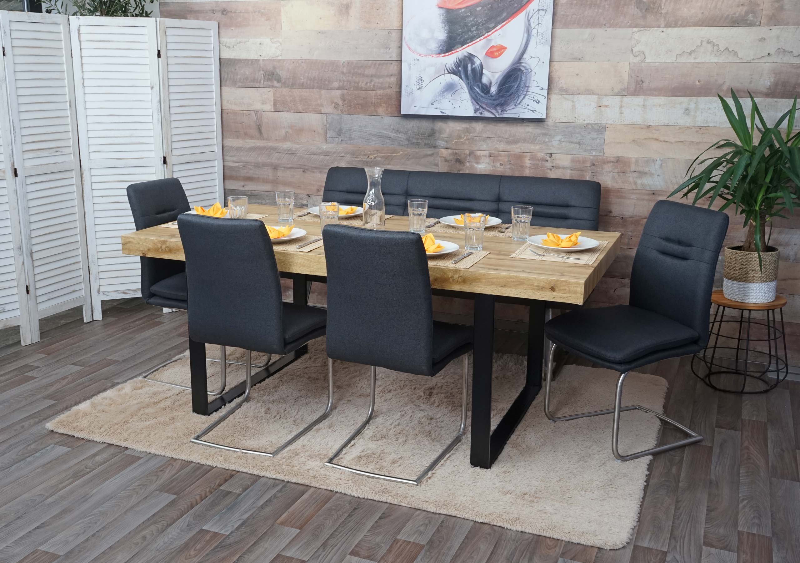 Esszimmer-Set MCW-H70, Esszimmergruppe Sitzgruppe Esszimmergarnitur, Stoff/Textil Edelstahl geb&uuml;rstet ~ dunkelgrau 160cm 