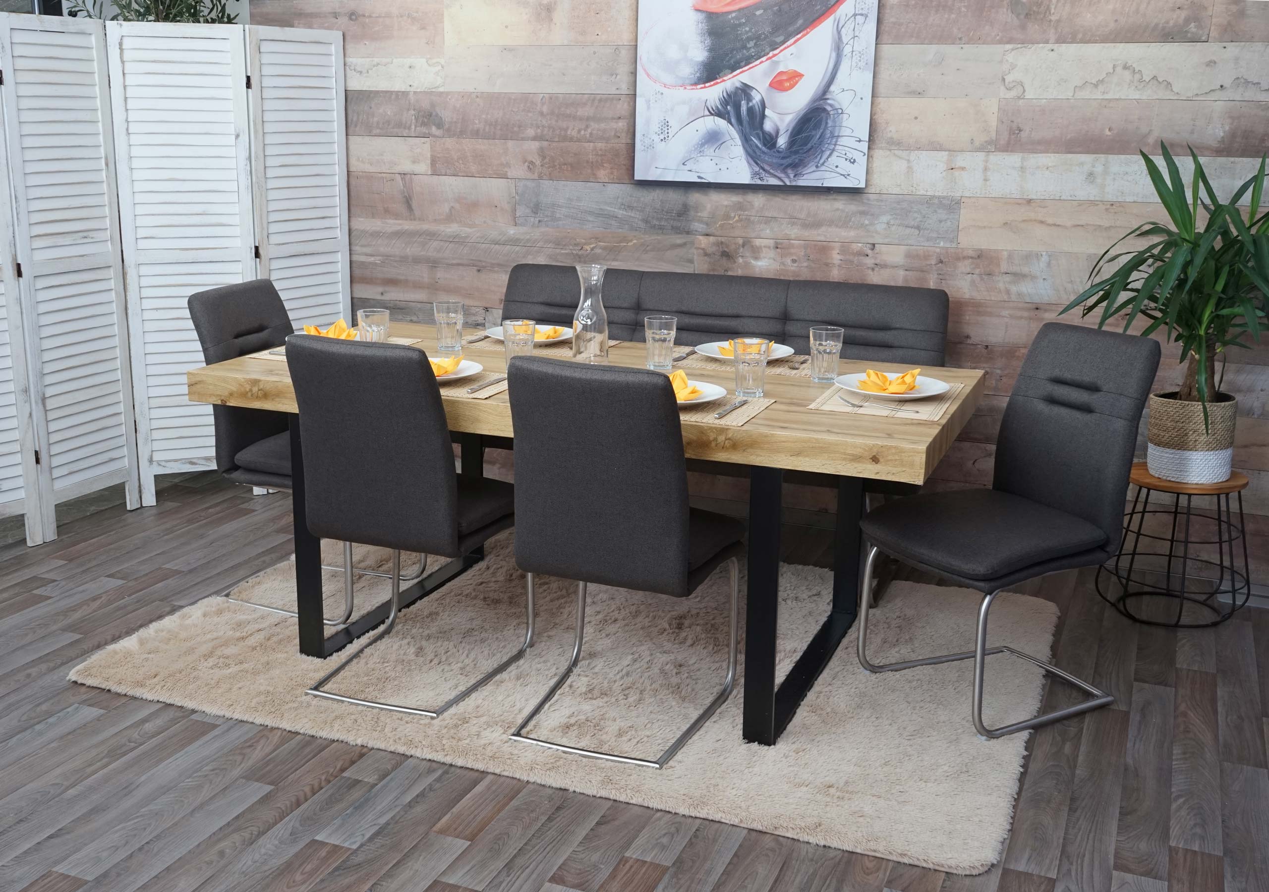 Esszimmer-Set MCW-H70, Esszimmergruppe Sitzgruppe Esszimmergarnitur, Stoff/Textil Edelstahl geb&uuml;rstet ~ grau-braun 160cm 