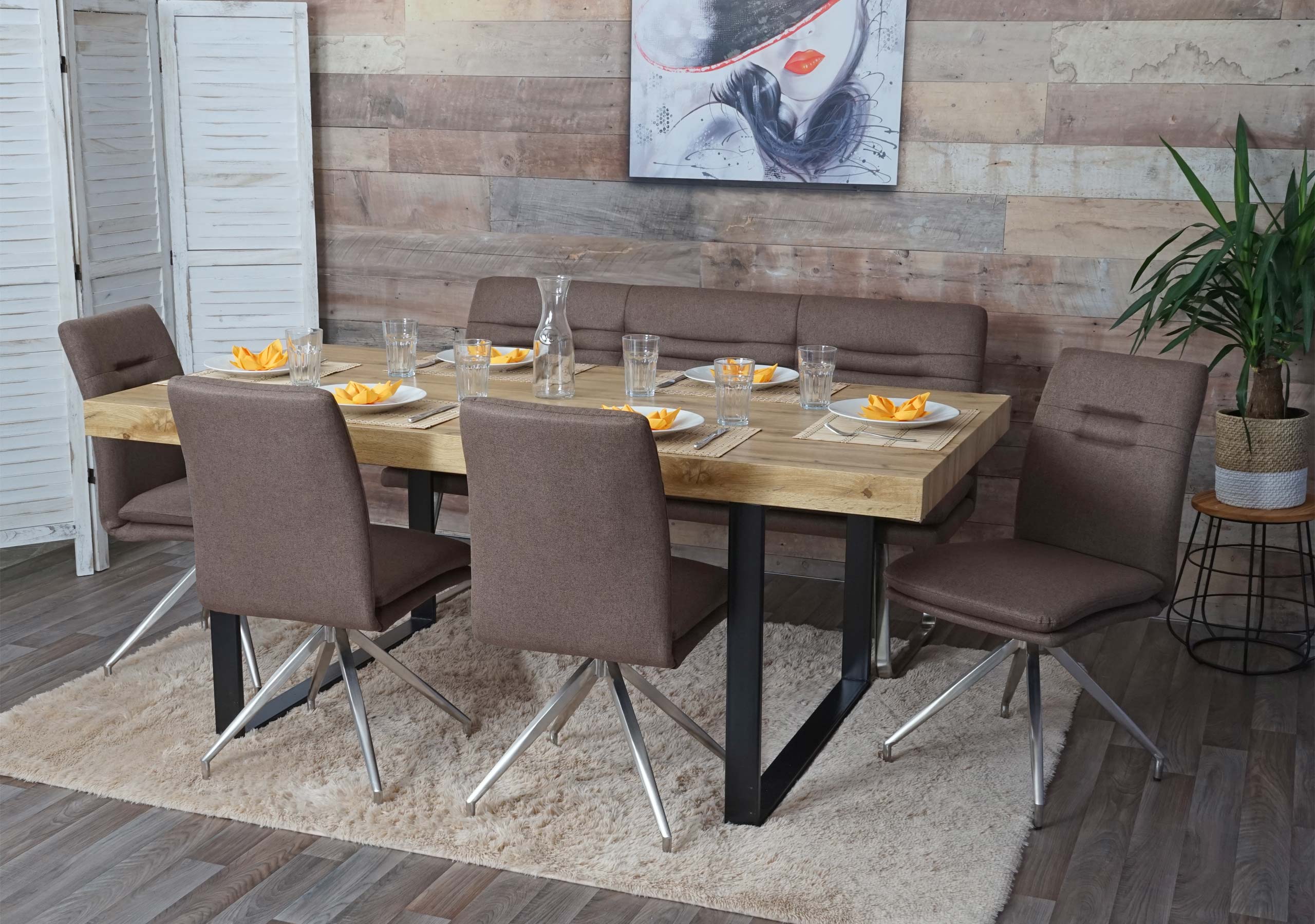 Esszimmer-Set MCW-H70, Sitzgruppe Esszimmergruppe Esszimmergarnitur, Stoff/Textil Edelstahl geb&uuml;rstet ~ braun 160cm - Bild 1