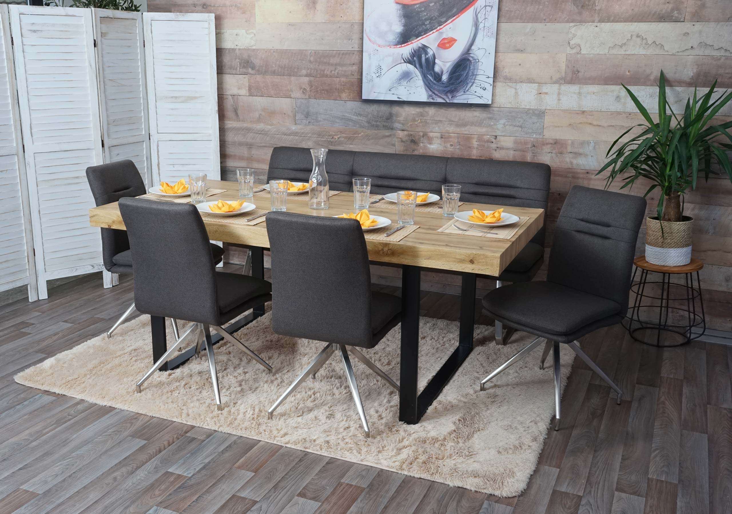 Esszimmer-Set MCW-H70, Sitzgruppe Esszimmergruppe Esszimmergarnitur, Stoff/Textil Edelstahl geb&uuml;rstet ~ grau-braun 180cm 
