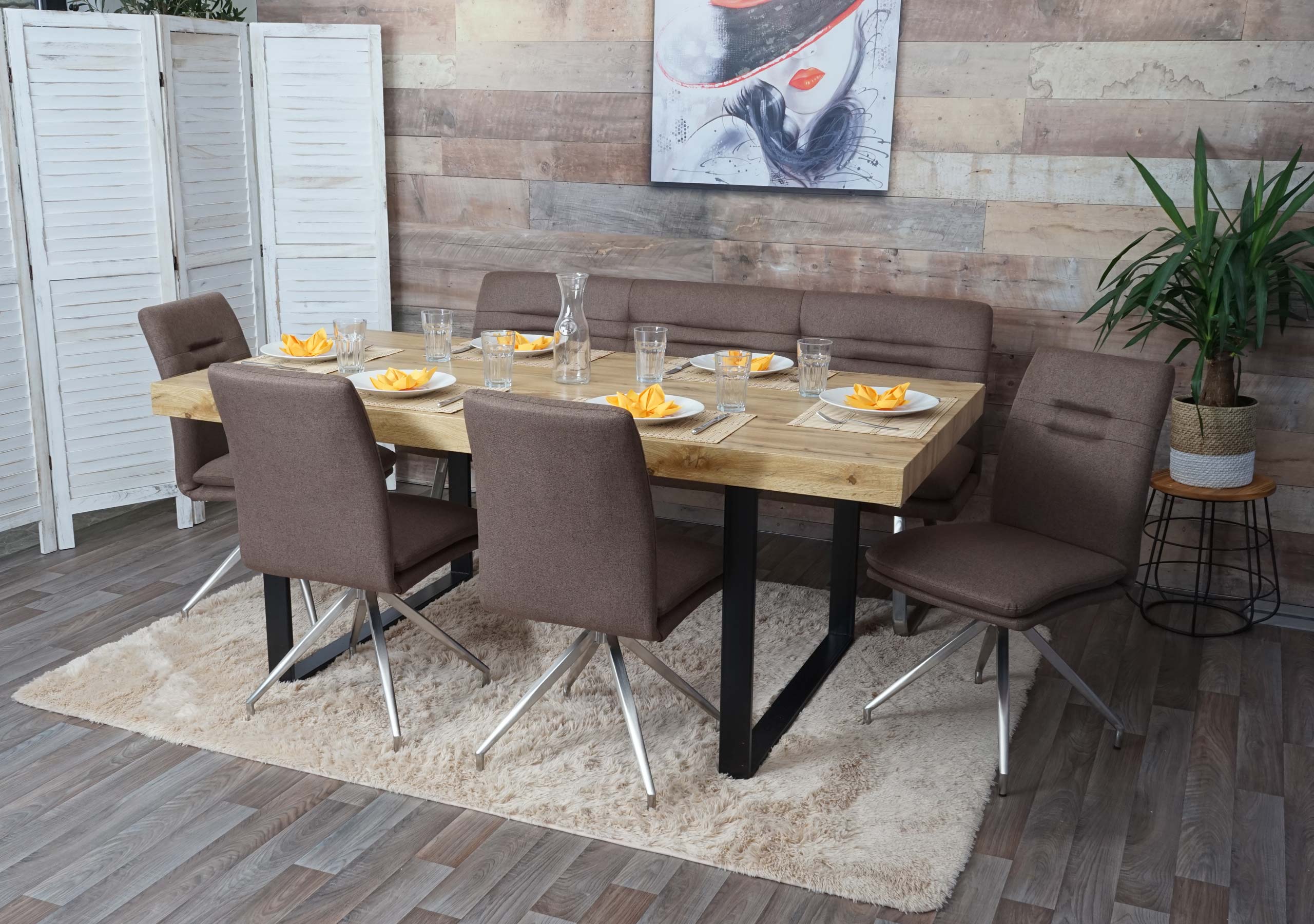 Esszimmer-Set MCW-H70, Sitzgruppe Esszimmergruppe Esszimmergarnitur, Stoff/Textil Edelstahl geb&uuml;rstet ~ braun 180cm 