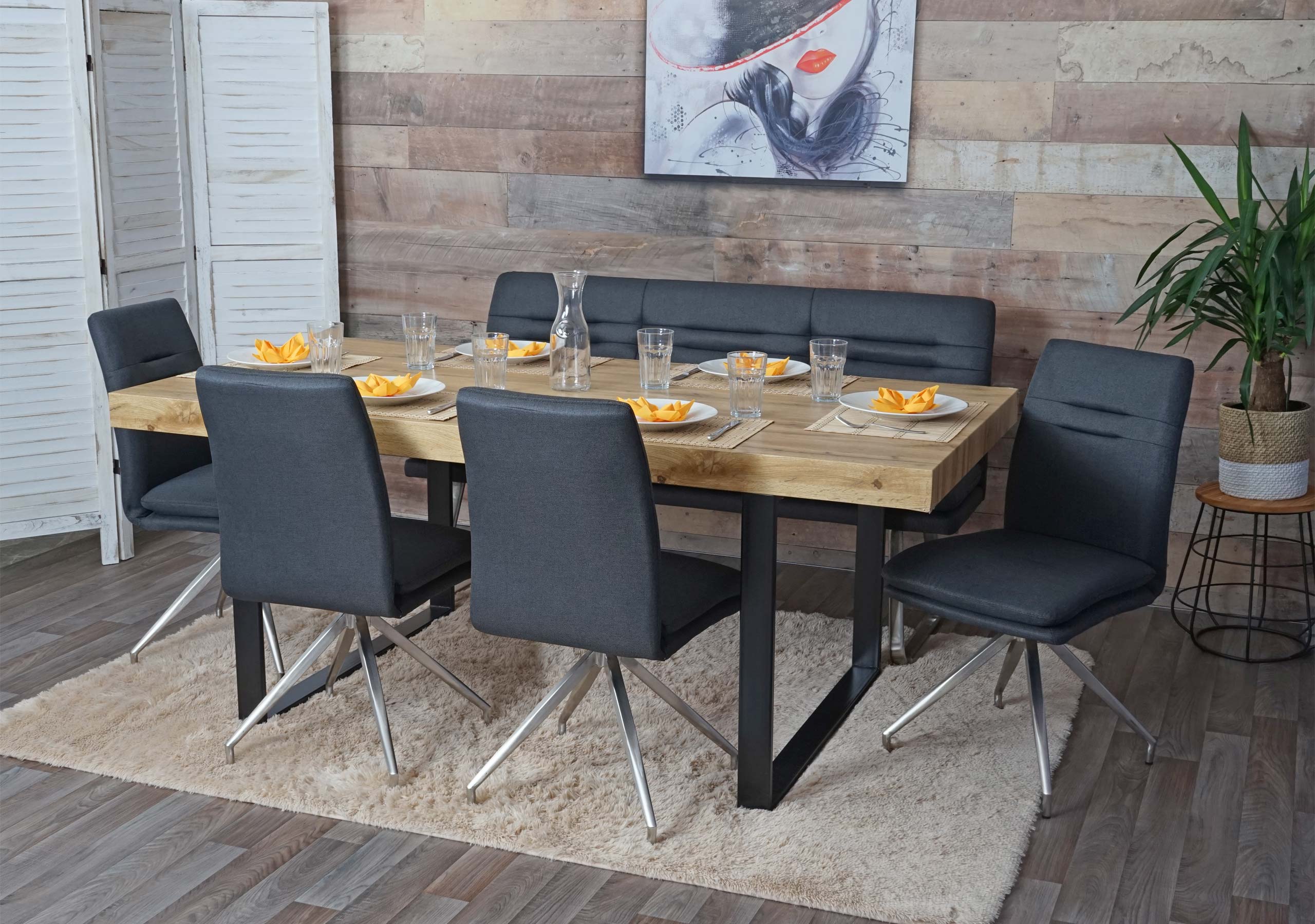 Esszimmer-Set MCW-H70, Sitzgruppe Esszimmergruppe Esszimmergarnitur, Stoff/Textil Edelstahl geb&uuml;rstet ~ dunkelgrau 160cm 