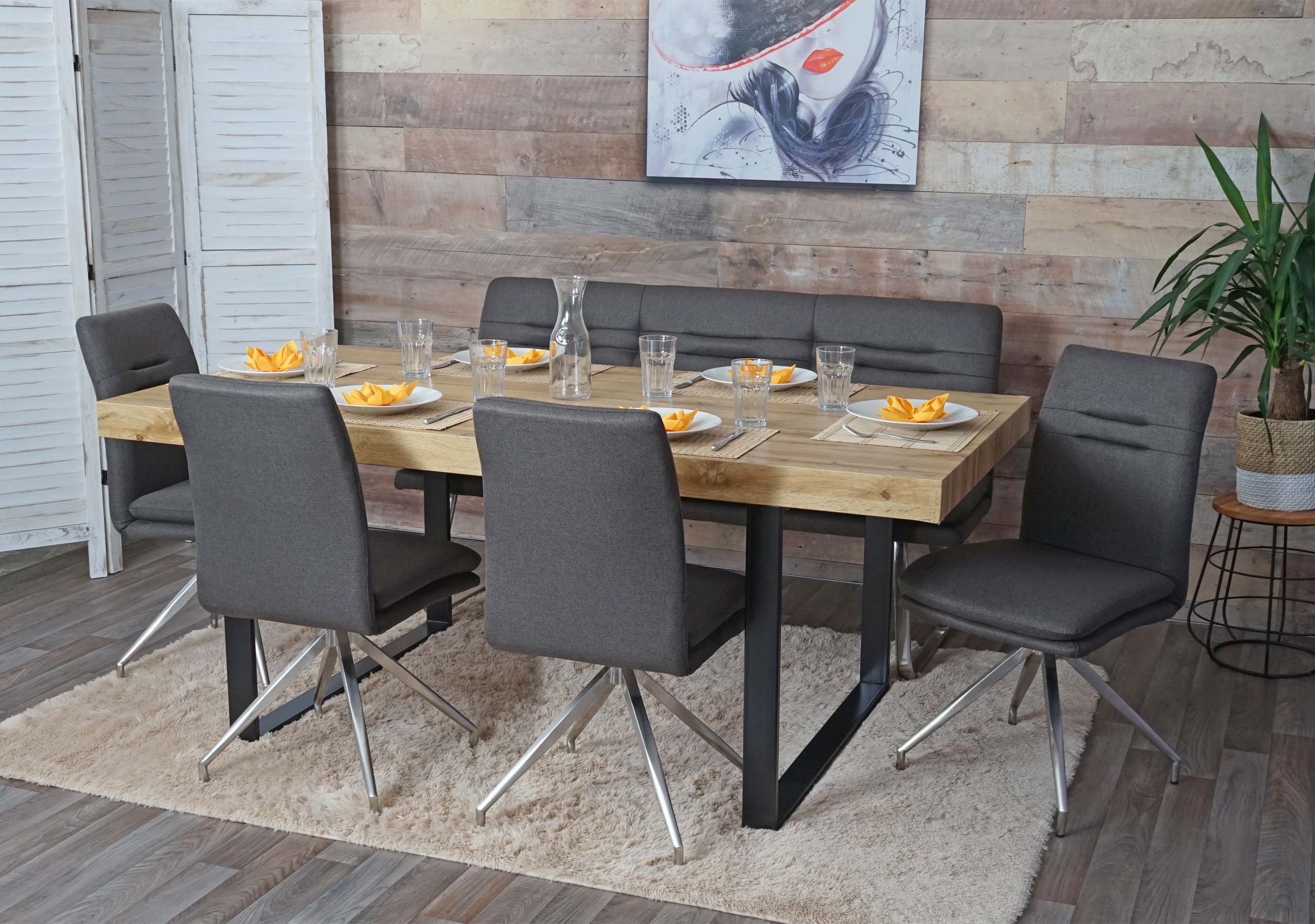 Esszimmer-Set MCW-H70, Sitzgruppe Esszimmergruppe Esszimmergarnitur, Stoff/Textil Edelstahl geb&uuml;rstet ~ grau-braun 160cm 