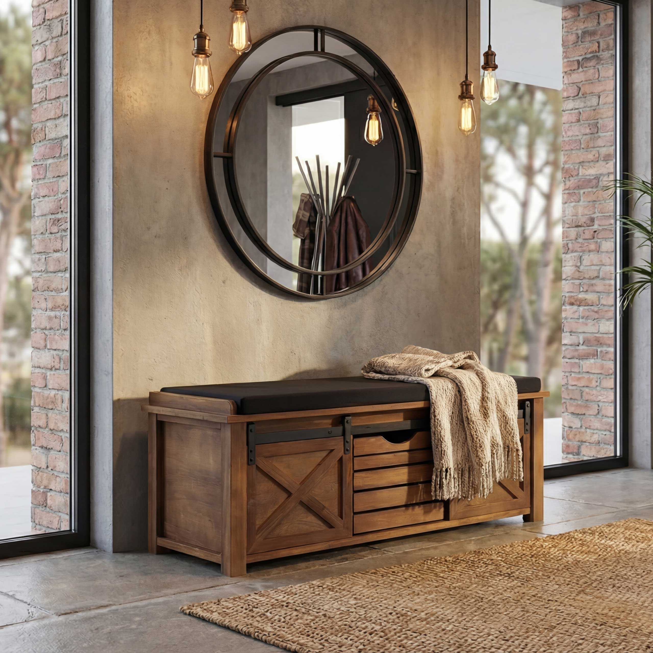 Sitzbank mit Stauf&auml;chern MCW-H53, Polsterbank Sitz-Kommode, Shabby-Look Massiv-Holz Metall Stoff 43x102x33cm ~ braun 