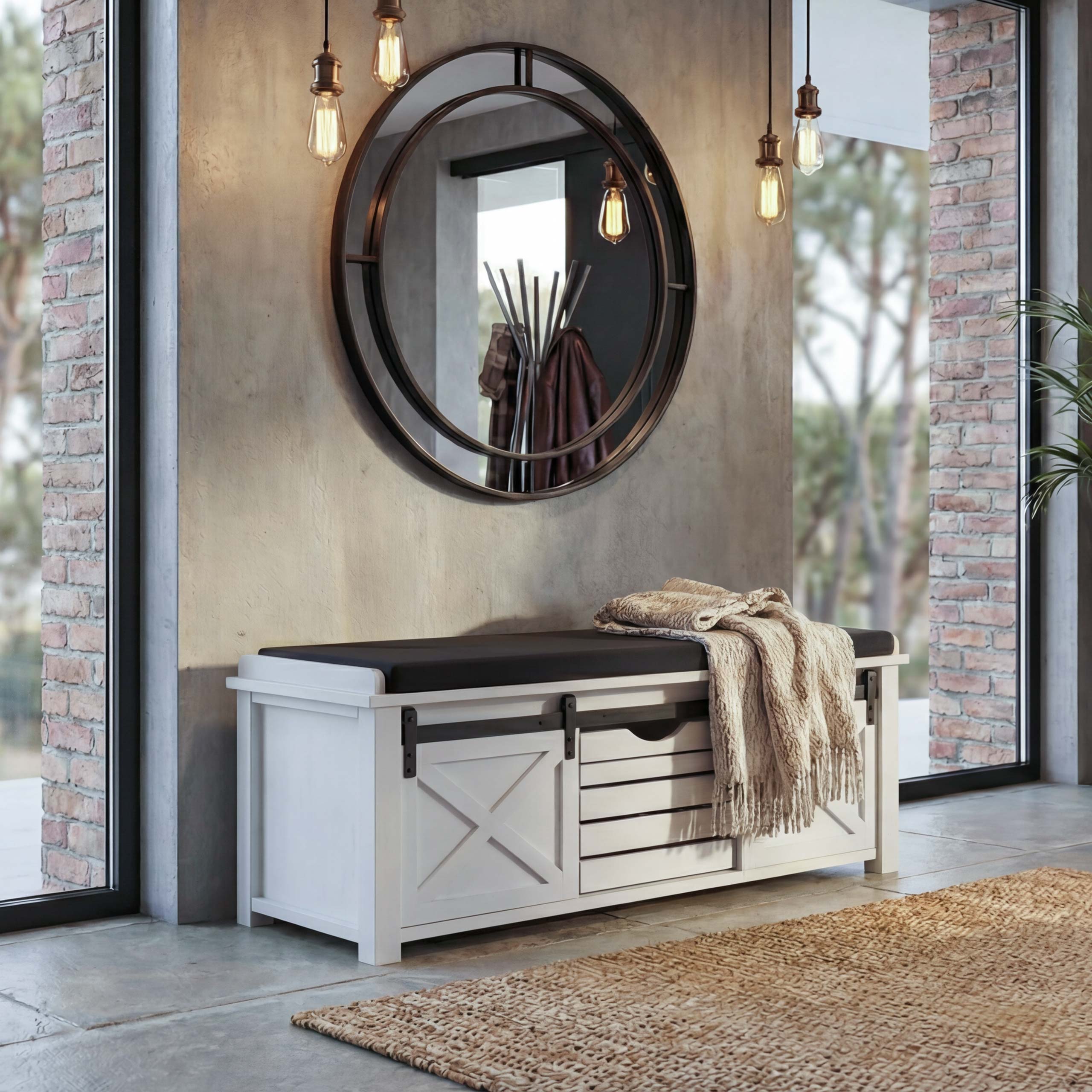 Sitzbank mit Stauf&auml;chern MCW-H53, Polsterbank Sitz-Kommode, Shabby-Look Massiv-Holz Metall Stoff 43x102x33cm ~ wei&szlig; 