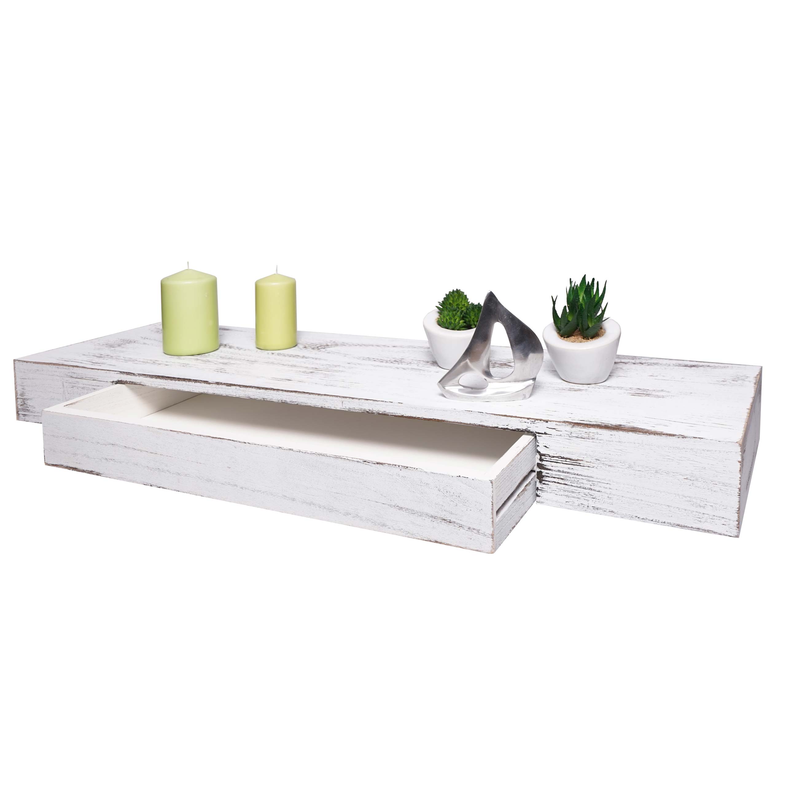 Wandregal MCW-H37, Schweberegal Wandboard H&auml;ngeregal Regal, Schublade Massiv-Holz 8x80x25cm ~ wei&szlig;, shabby 