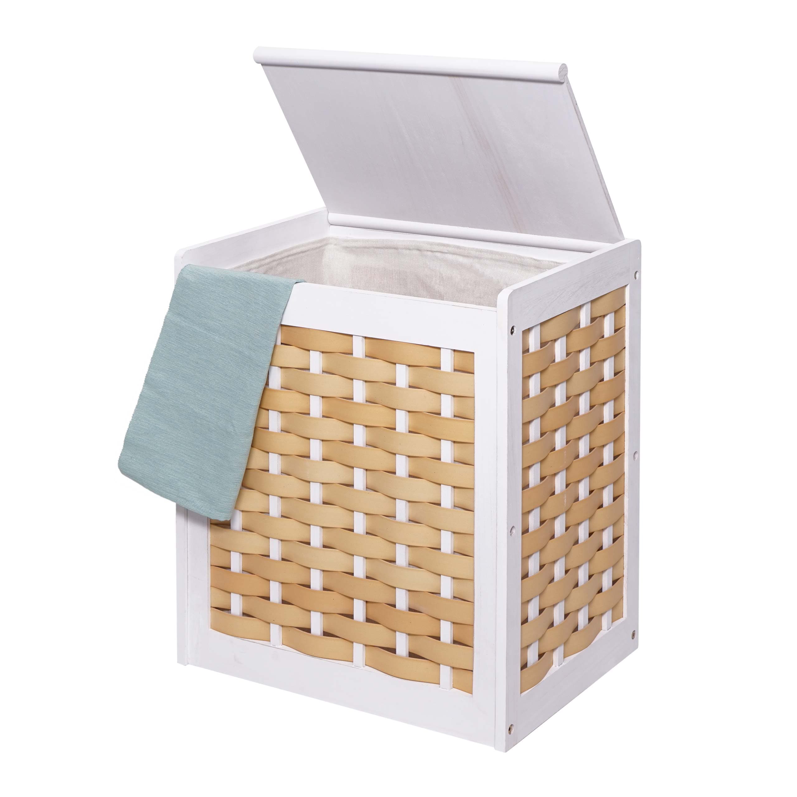 W&auml;schekorb MCW-G37, W&auml;schesammler W&auml;schesortierer W&auml;schebox, Massiv-Holz Shabby-Look Geflecht 61x51x35cm ~ wei&szlig; 