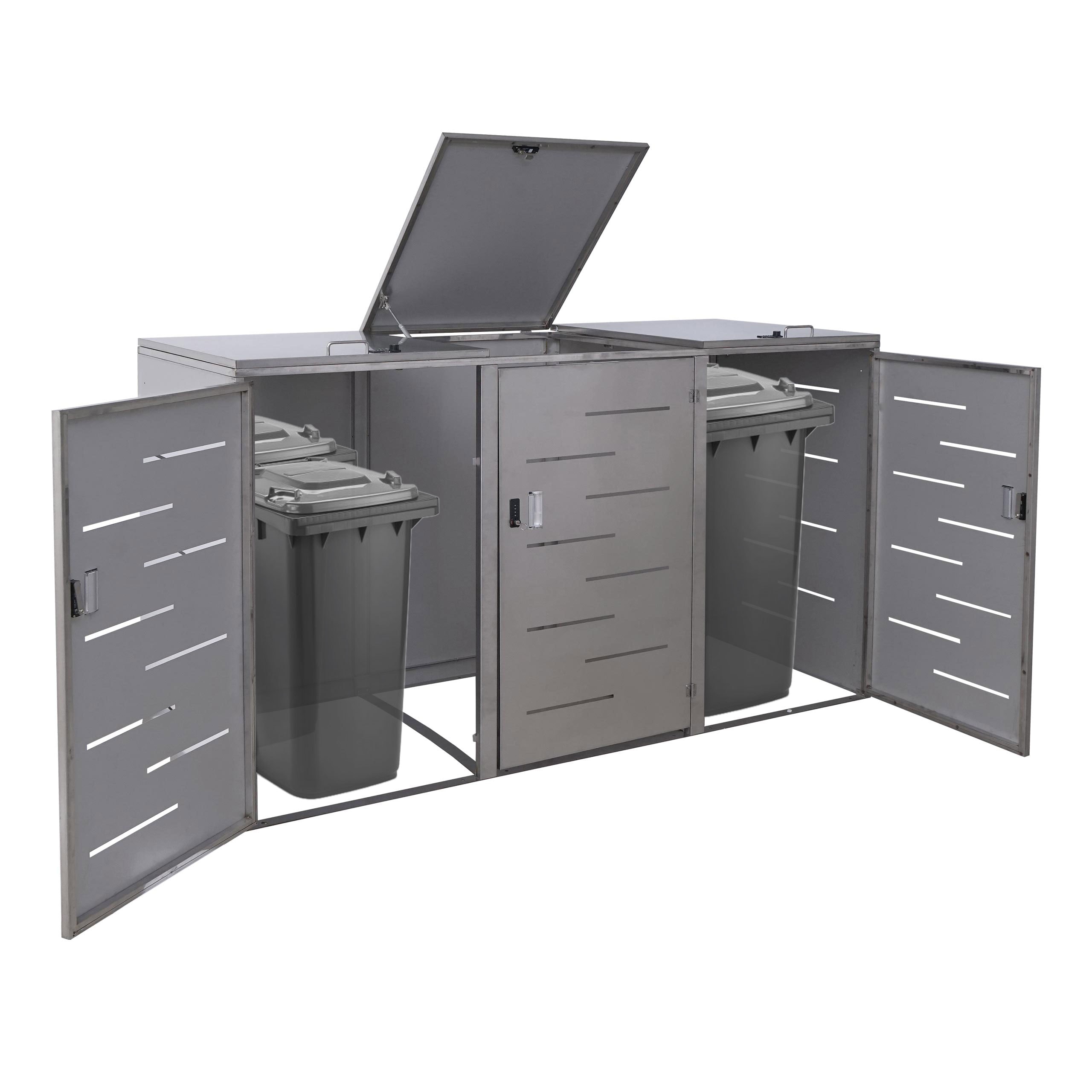 XL 3er-/6er-M&uuml;lltonnenverkleidung MCW-E83, M&uuml;lltonnenbox, erweiterbar 116x212x98cm ~ Edelstahl 85kg 