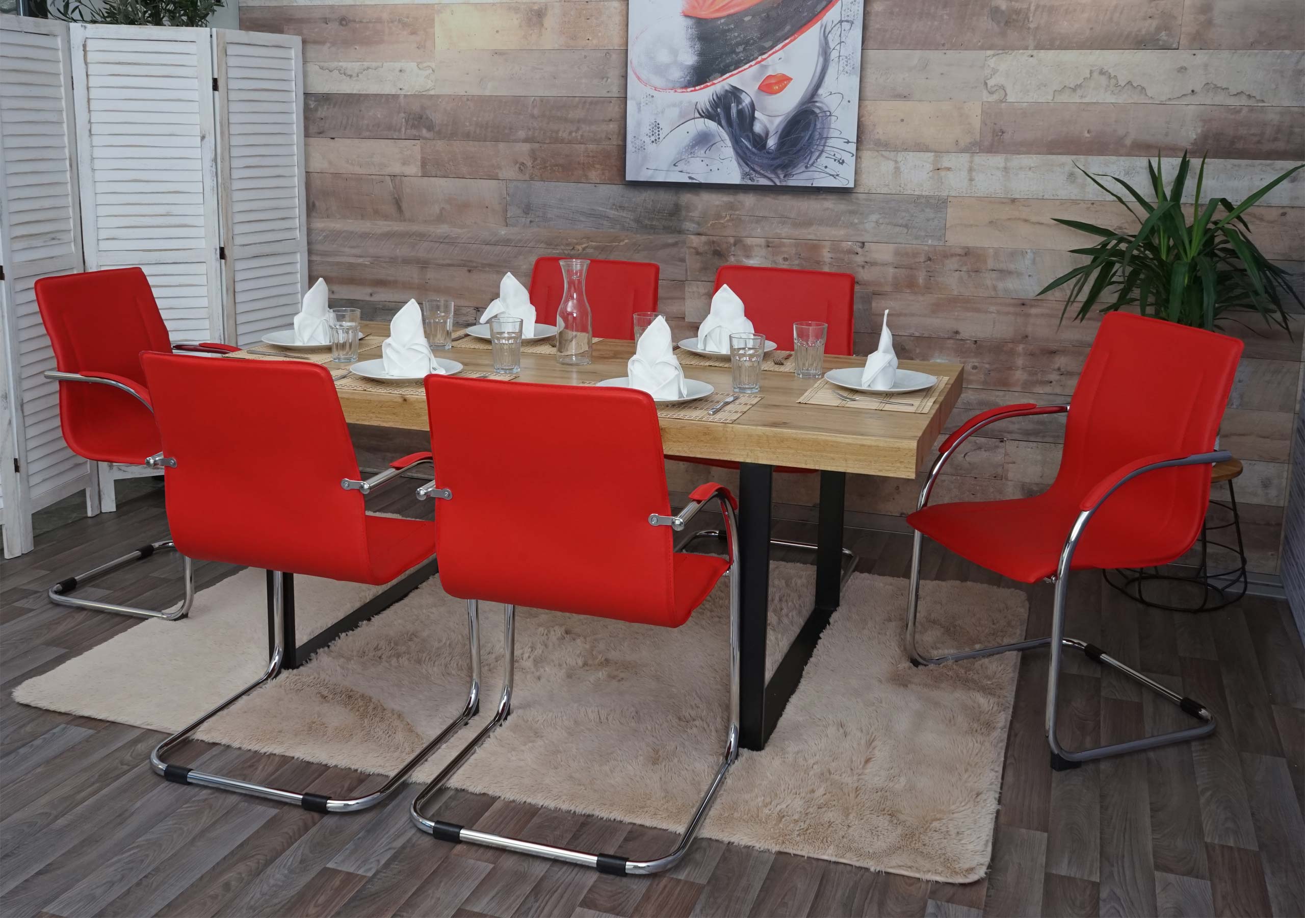 6er-Set Esszimmerstuhl Perm, Freischwinger K&uuml;chenstuhl Lehnstuhl Stuhl, Stahl ~ rot 