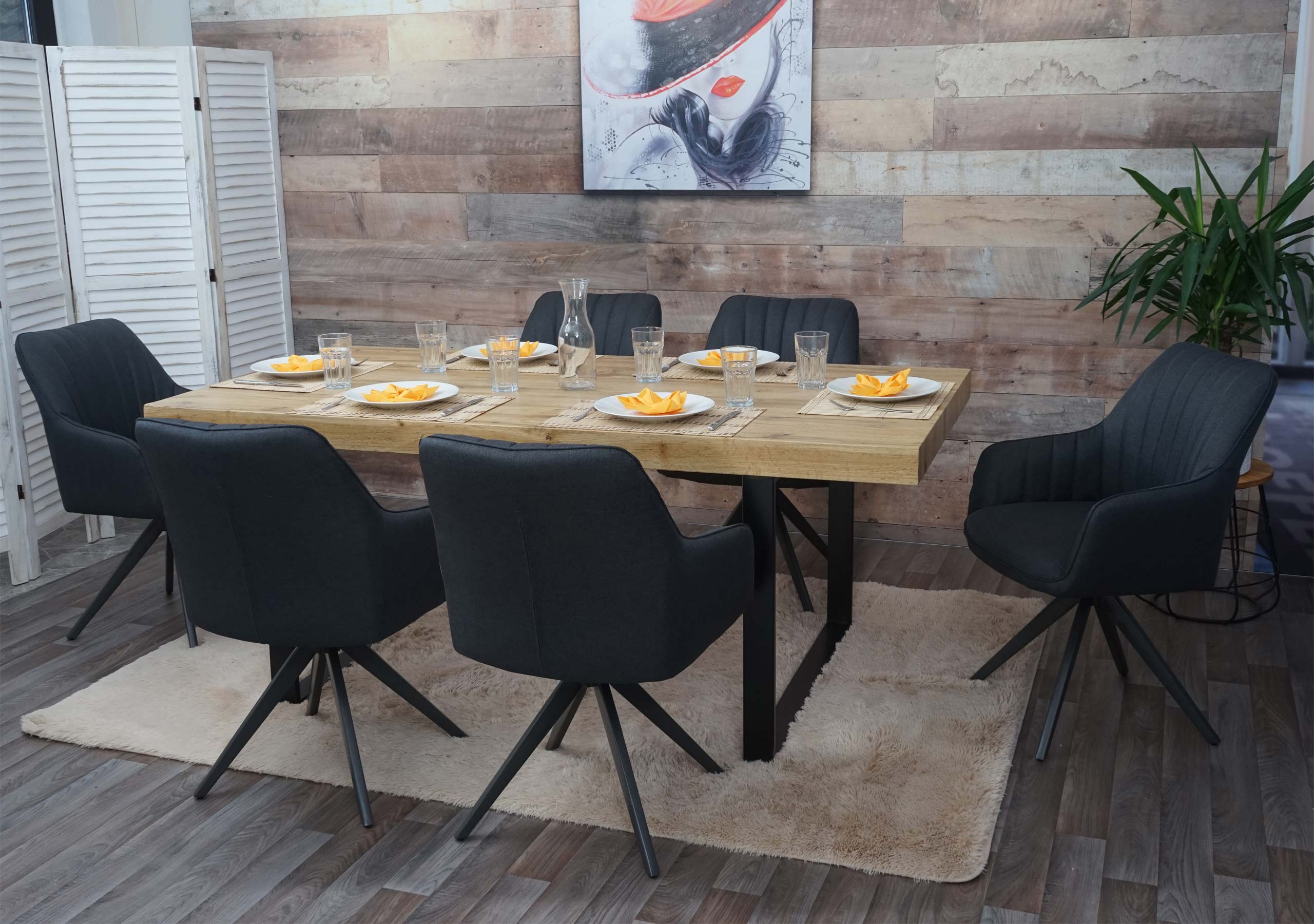 6er-Set Esszimmerstuhl MCW-H73, K&uuml;chenstuhl Stuhl Armlehnstuhl, Retro Stahl Stoff/Textil ~ dunkelgrau 