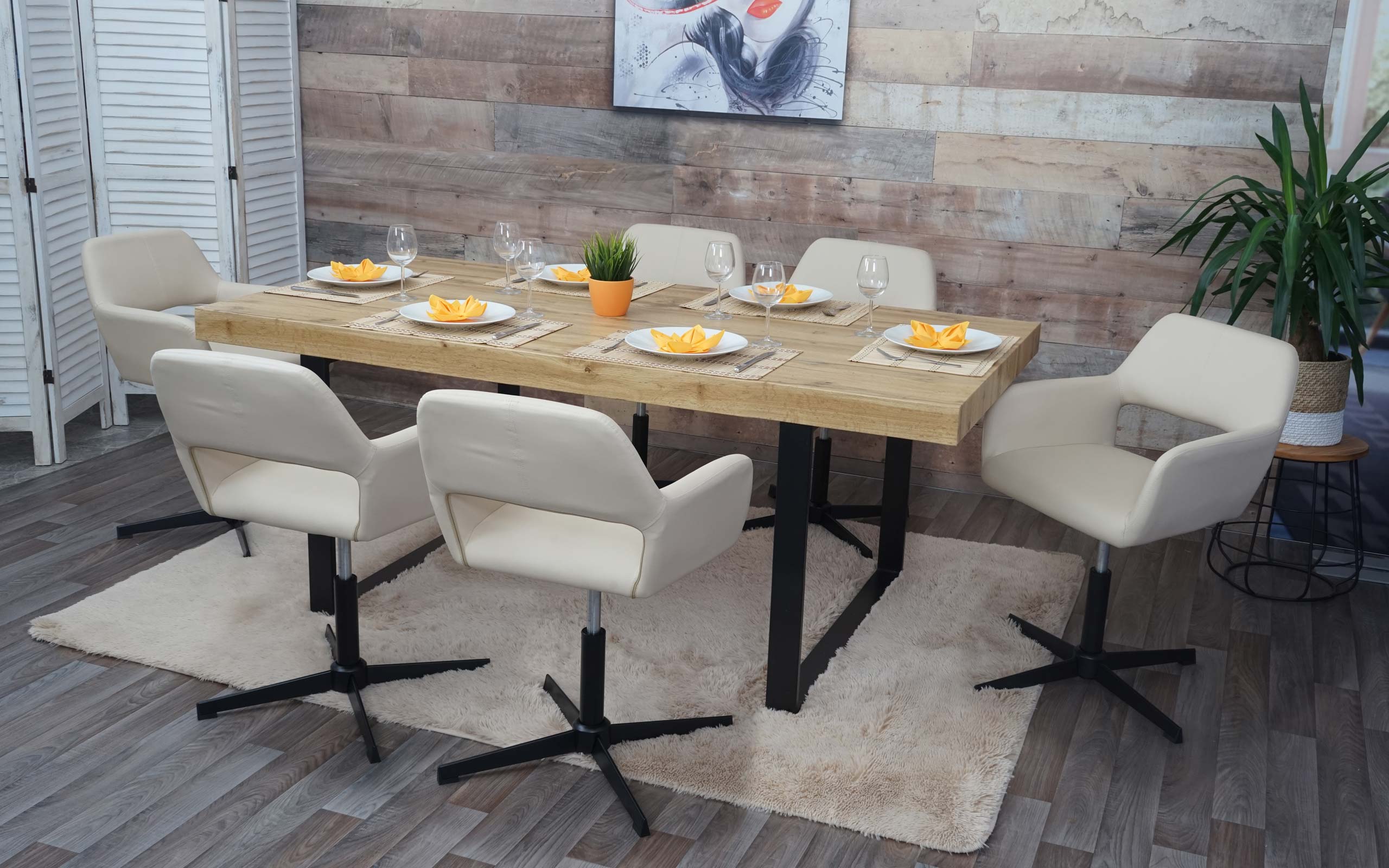 6er-Set Esszimmerstuhl MCW-A50 IV, Stuhl K&uuml;chenstuhl, Retro h&ouml;henverstellbar Drehmechanismus ~ Kunstleder creme, Fu&szlig; schwarz 