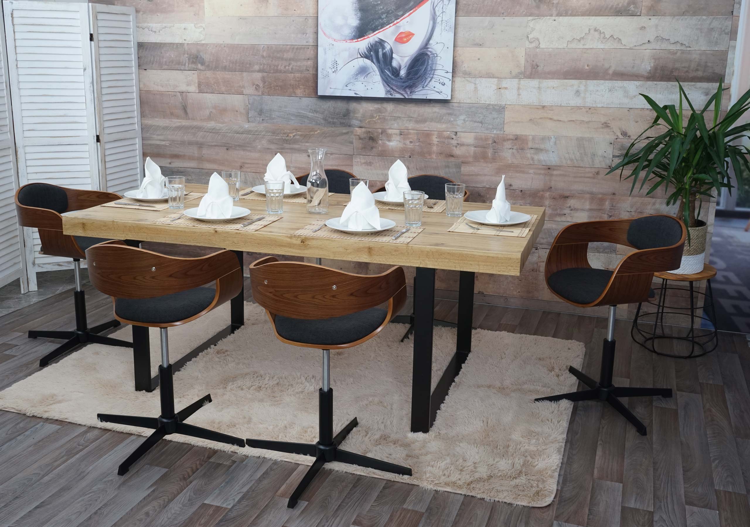 6er-Set Esszimmerstuhl MCW-H46, Stuhl, h&ouml;henverstellbar Drehmechanismus Bugholz MVG ~ Walnuss-Optik, Stoff dunkelgrau 