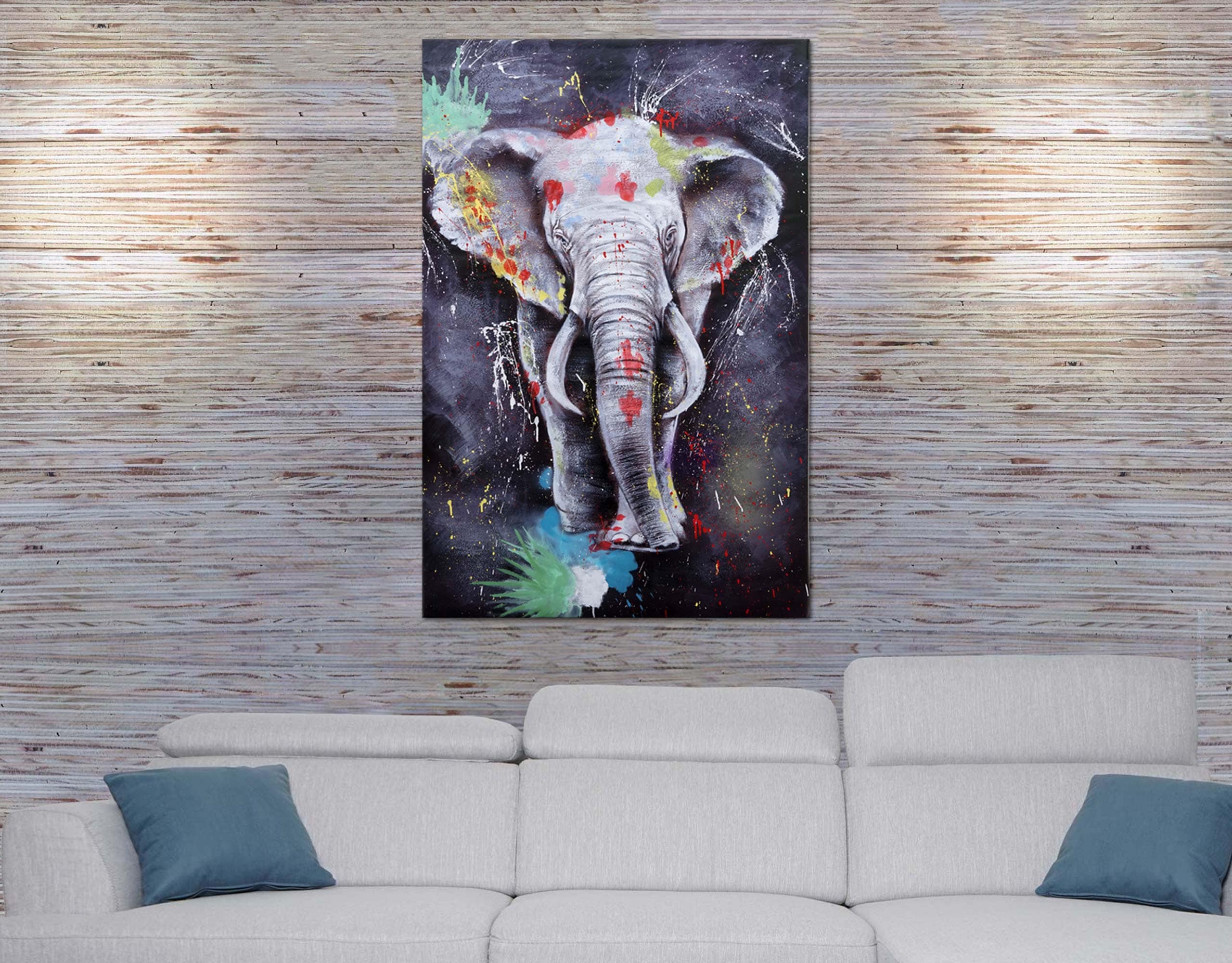 &Ouml;lgem&auml;lde Elefant MCW-H25, Leinwandbild Wandgem&auml;lde Gem&auml;lde, handgemaltes XL Wandbild ~ 150x100cm 