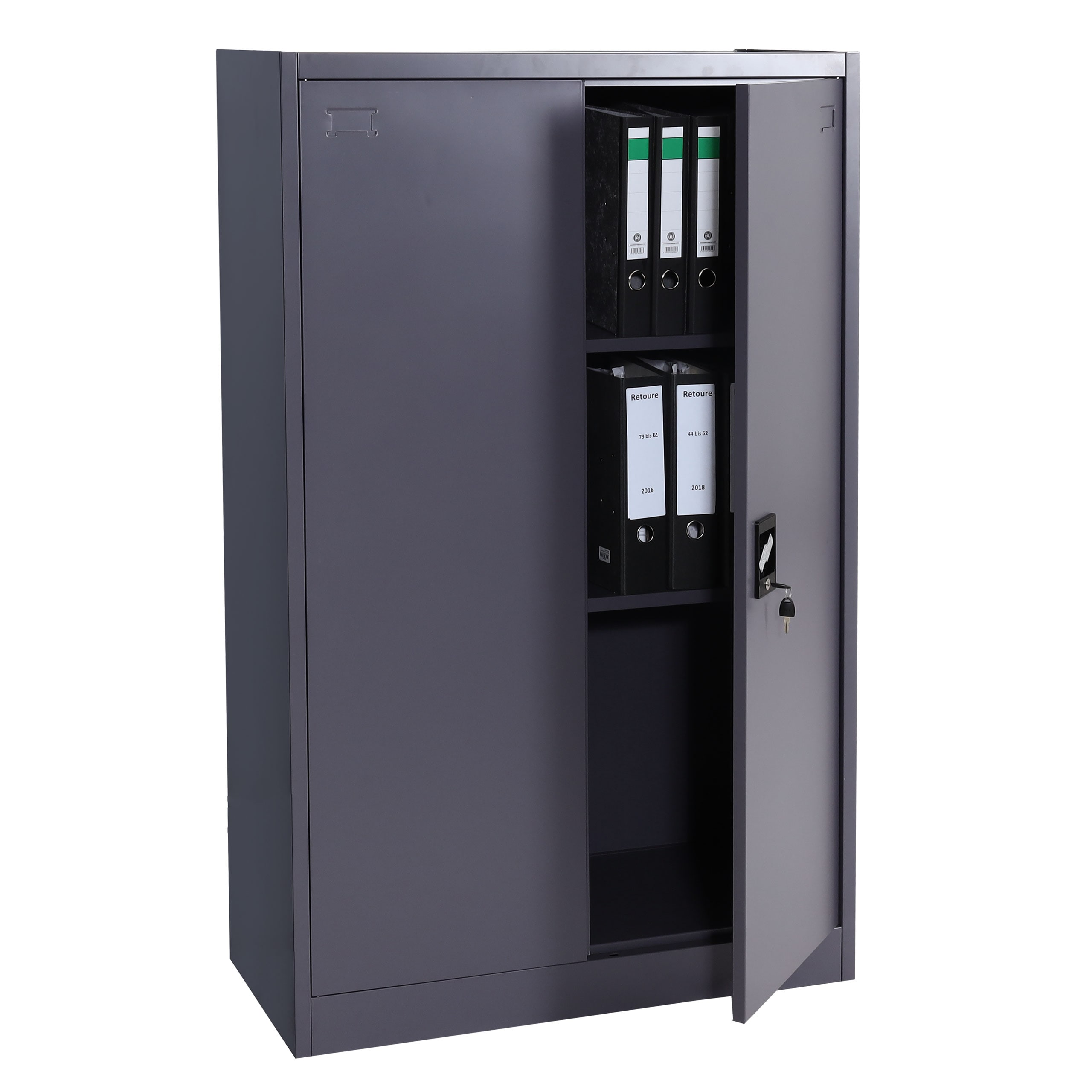 Aktenschrank MCW-H17, Stahlschrank B&uuml;roschrank Schrank, 2 T&uuml;ren abschlie&szlig;bar Metall ~ 140x90x40cm dunkelgrau 