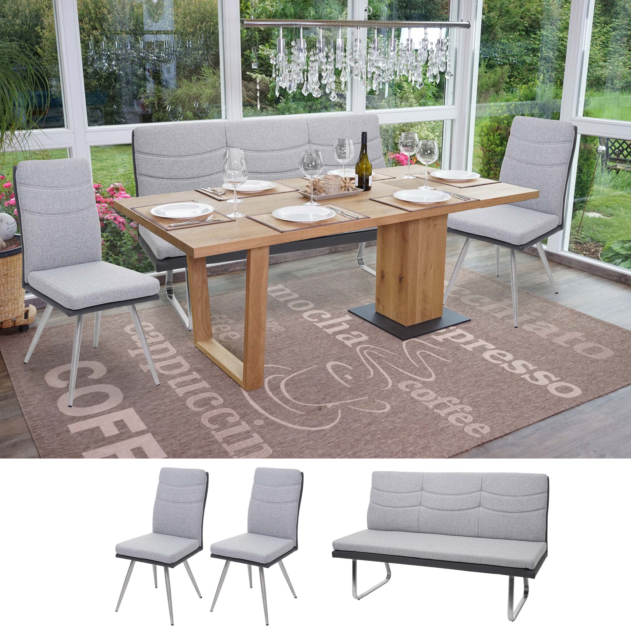 Set 2x Esszimmerstuhl+Sitzbank MCW-G54, Bank K&uuml;chenstuhl Stuhl, Stoff/Kunstleder Edelstahl ~ grau Bank 180cm 