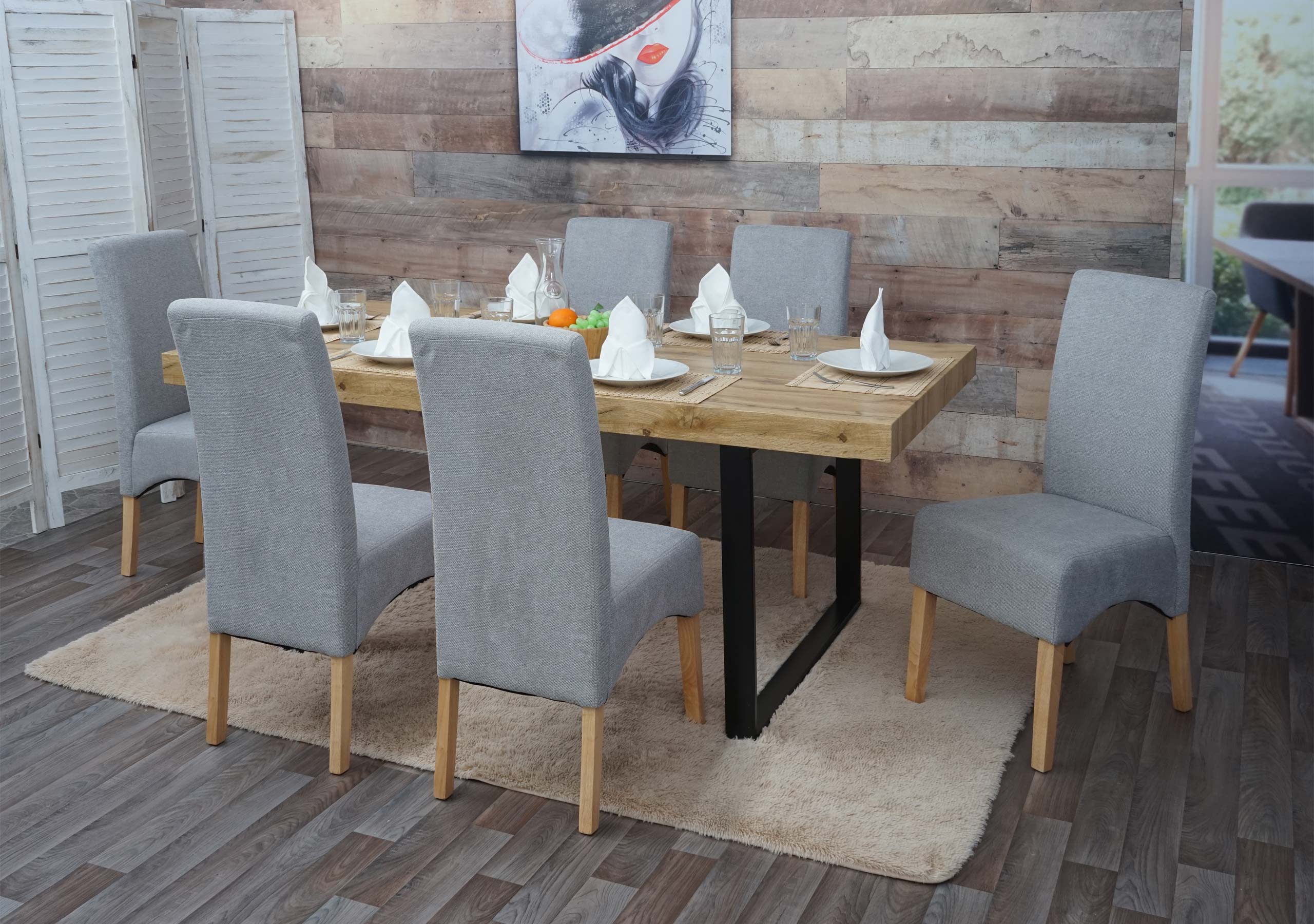 6er-Set Esszimmerstuhl Crotone, K&uuml;chenstuhl Stuhl, Stoff/Textil MVG-zertifiziert ~ hellgrau, helle Beine 