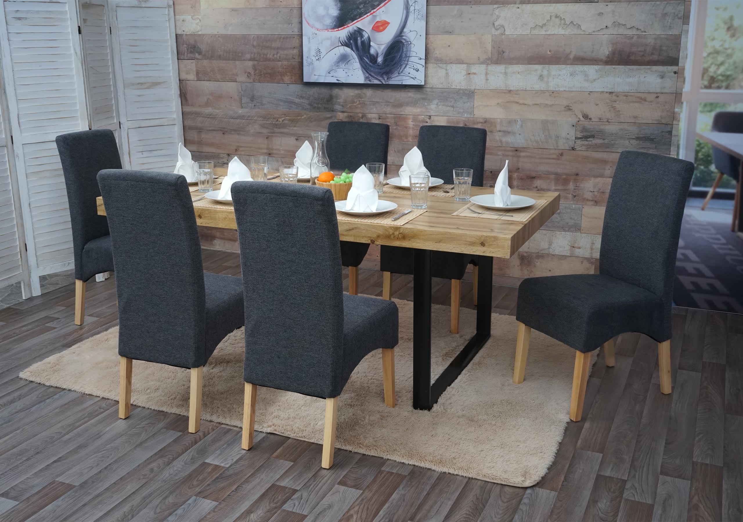 6er-Set Esszimmerstuhl Crotone, K&uuml;chenstuhl Stuhl, Stoff/Textil MVG-zertifiziert ~ dunkelgrau, helle Beine 