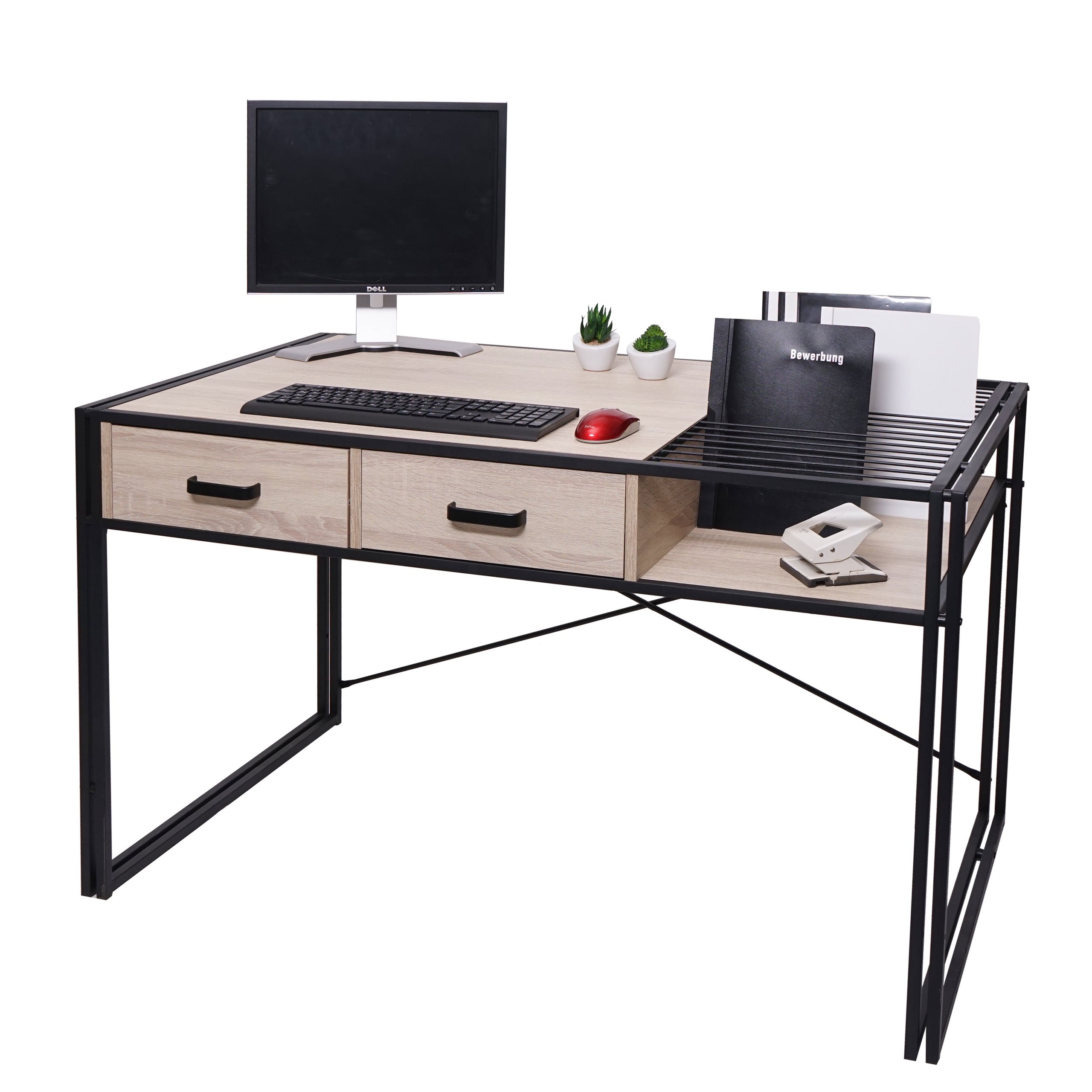 Schreibtisch MCW-H91, B&uuml;rotisch Computertisch, Industrial 76x120x70cm ~ Eiche-Optik 