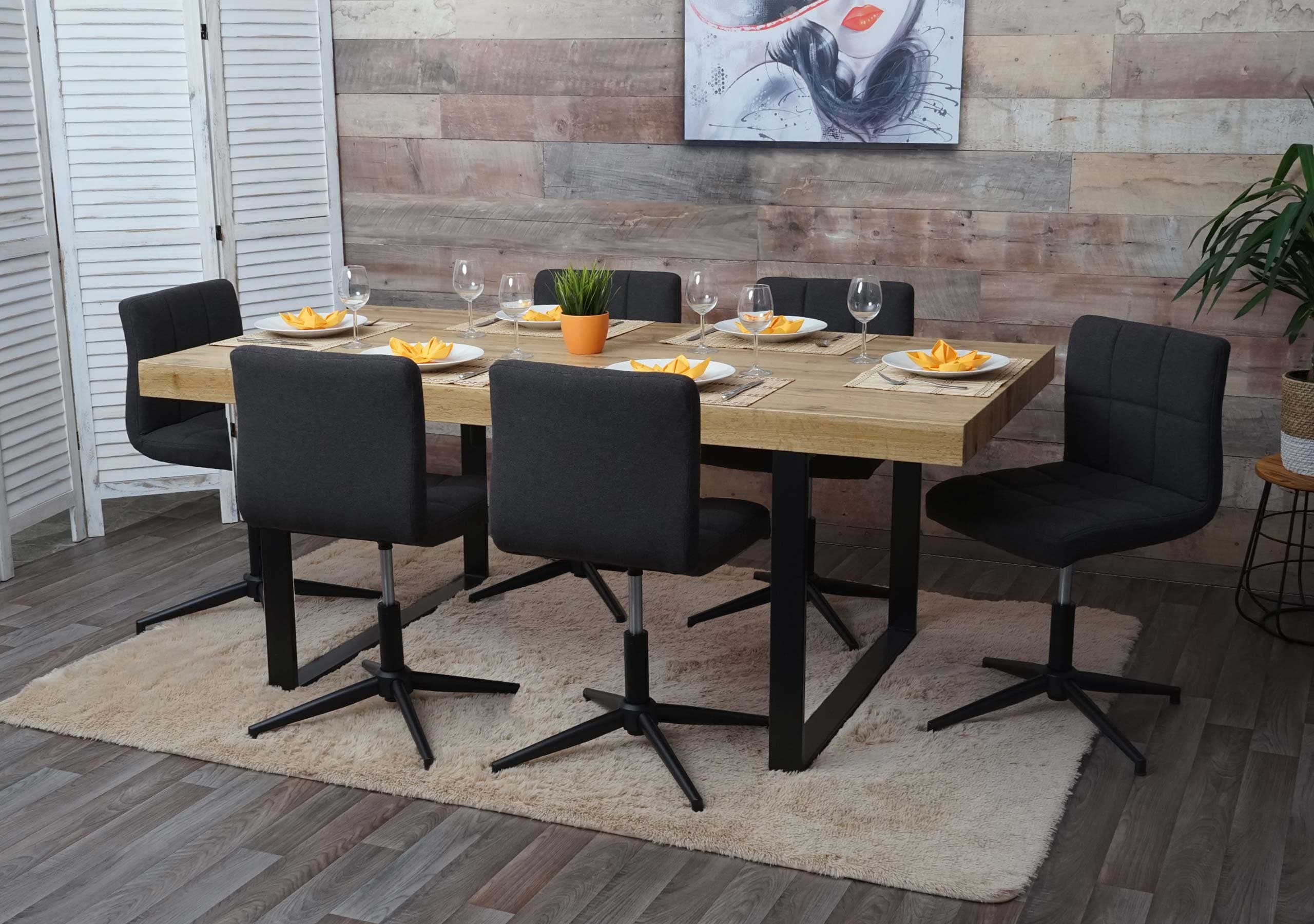 6er-Set Esszimmerstuhl Cadiz II, K&uuml;chenstuhl, h&ouml;henverstellbar Drehmechanismus ~ Stoff/Textil dunkelgrau, Fu&szlig; schwarz 