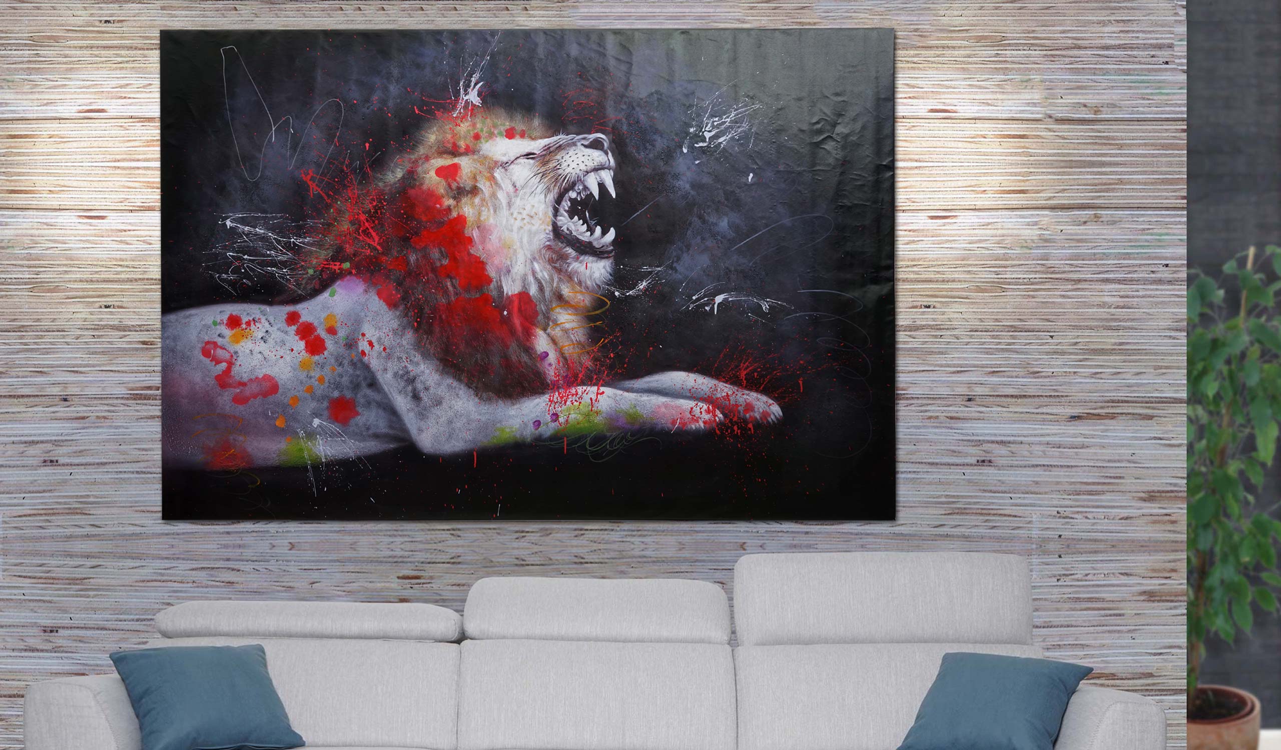 &Ouml;lgem&auml;lde L&ouml;we MCW-H25, Leinwandbild Wandgem&auml;lde Gem&auml;lde, handgemaltes XL Wandbild ~ 80x120cm 