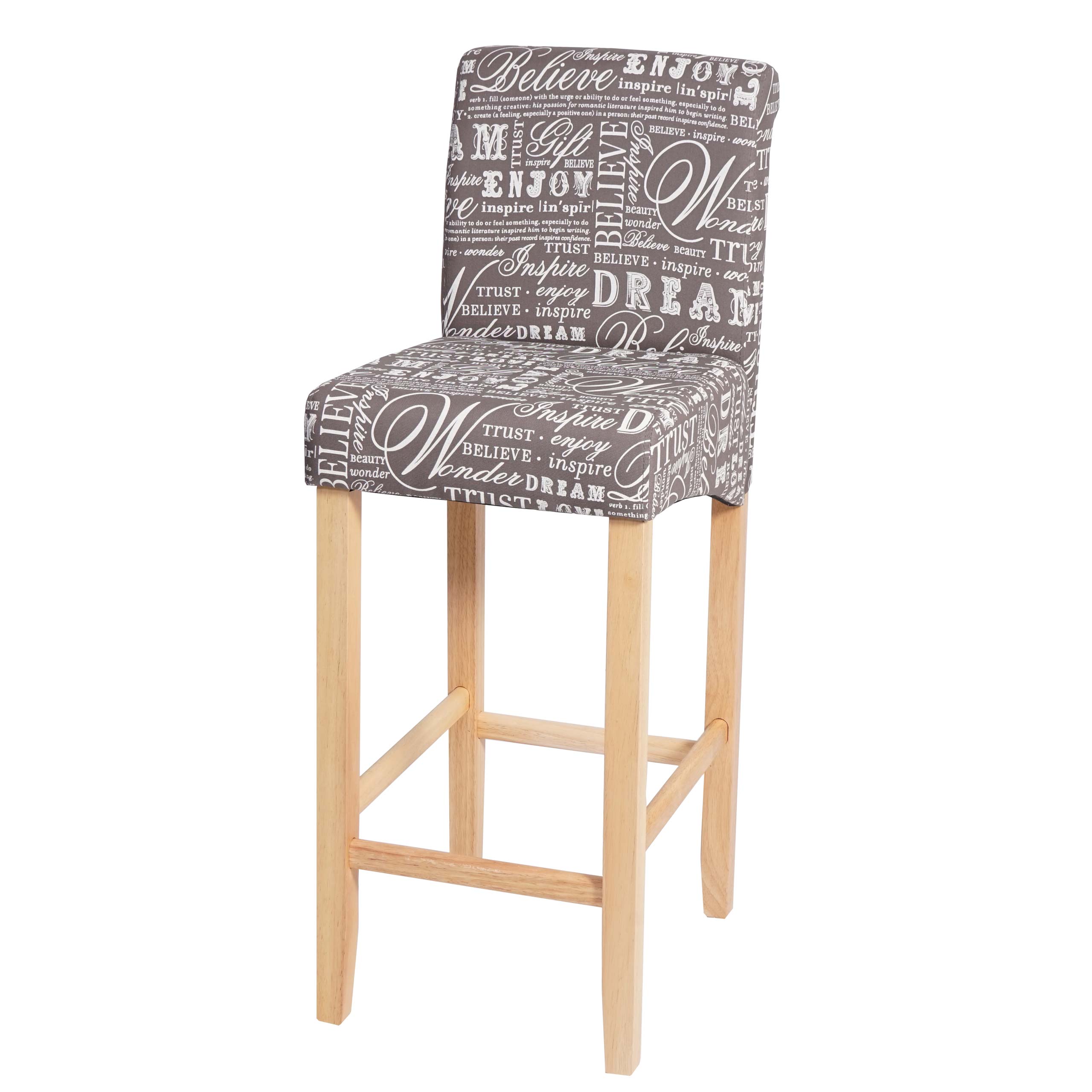 Barhocker MCW-C33, Barstuhl Tresenhocker, Holz MVG-zertifiziert ~ Schriftzug, grau, helle Beine, Stoff/Textil 