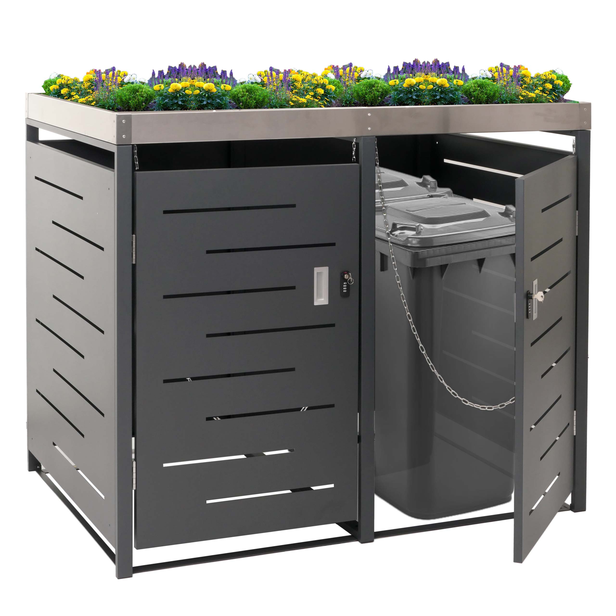 XL 2er-/4er-M&uuml;lltonnenverkleidung MCW-H40, M&uuml;lltonnenbox, Pflanzkasten Edelstahl-Metall 63kg 125x140x102cm erweiterbar 