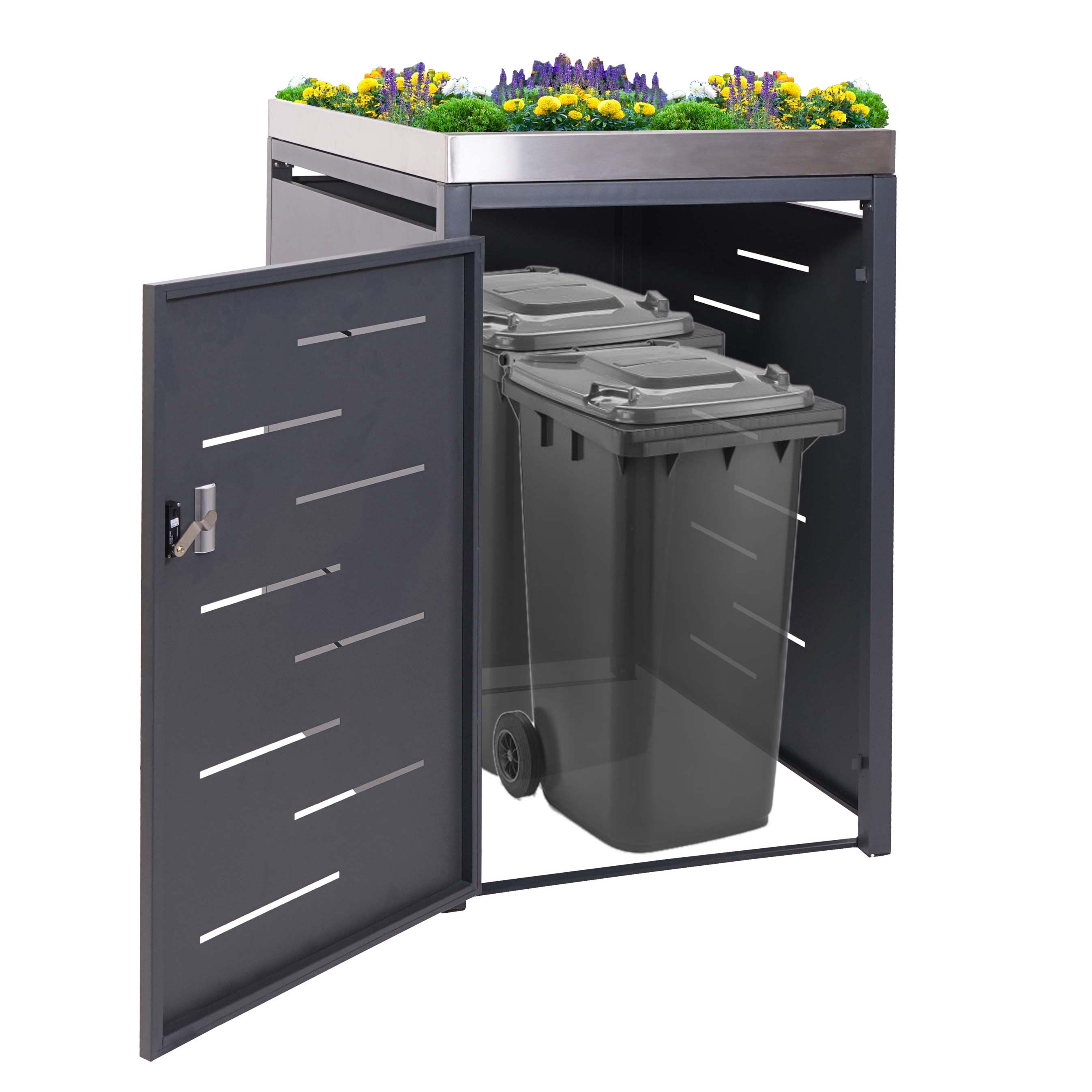 XL 1er-/2er-M&uuml;lltonnenverkleidung MCW-H40, M&uuml;lltonnenbox, Pflanzkasten Edelstahl-Metall 40kg 125x75x102cm erweiterbar 