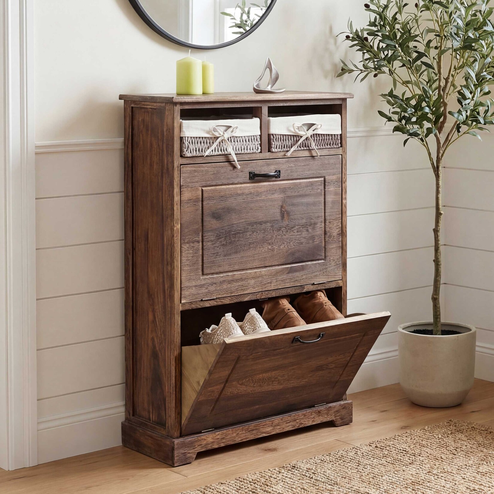 Schuhkipper MCW-H19, Schuhschrank Schuhregal Schuhablage, Massiv-Holz Shabby-Look Korb-Schublade 100x60x24cm ~ braun