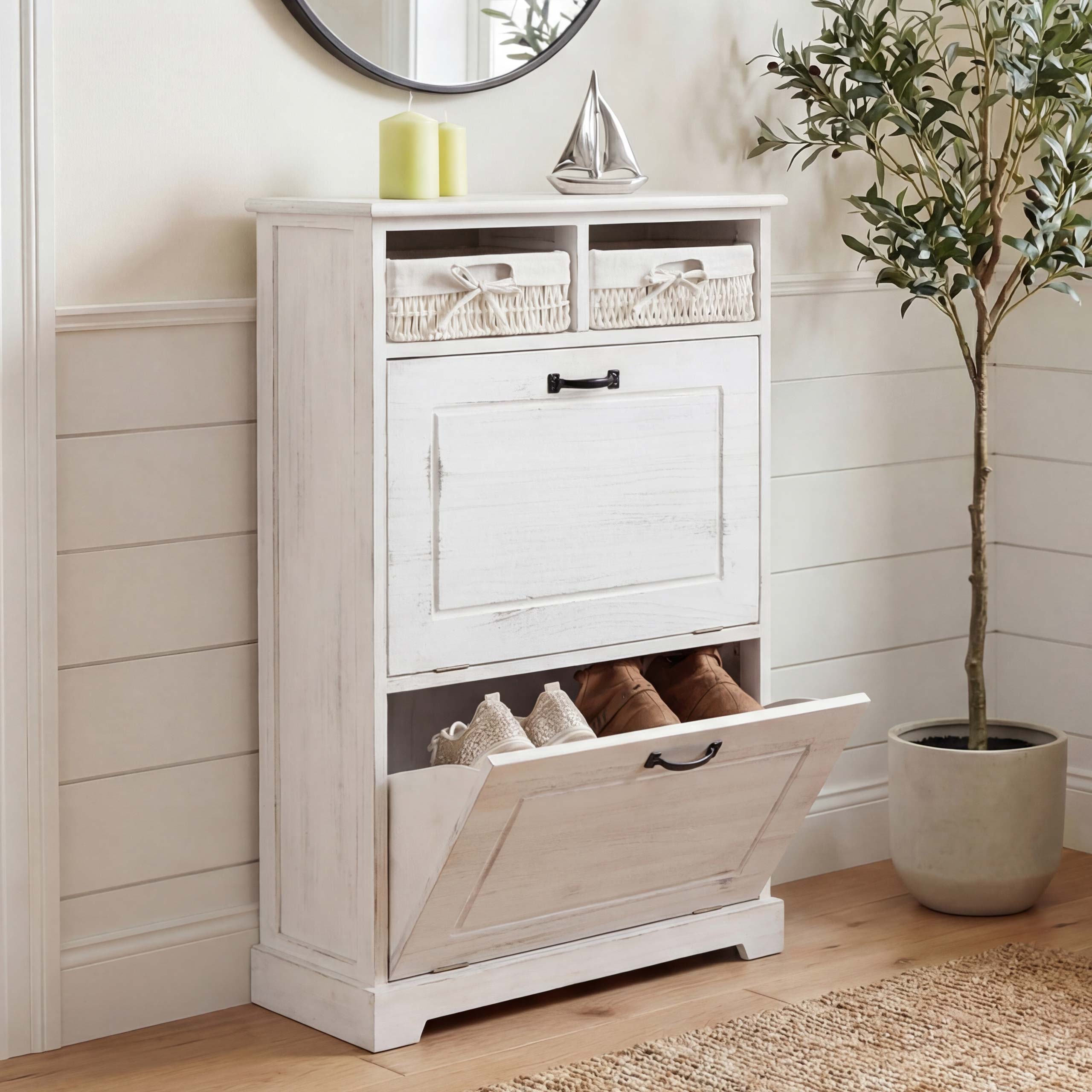 Schuhkipper MCW-H19, Schuhschrank Schuhregal Schuhablage, Massiv-Holz Shabby-Look Korb-Schublade 100x60x24cm ~ wei&szlig; 
