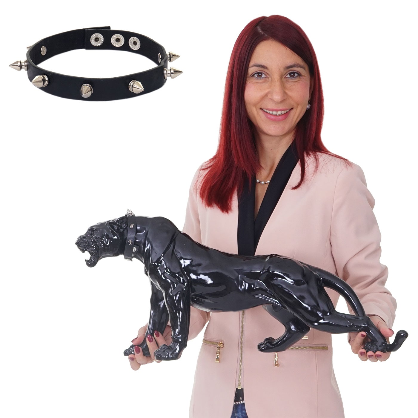 Deko Figur Panther 59cm, Polyresin Skulptur Leopard, In-/Outdoor ~ schwarz hochglanz mit Halsband 
