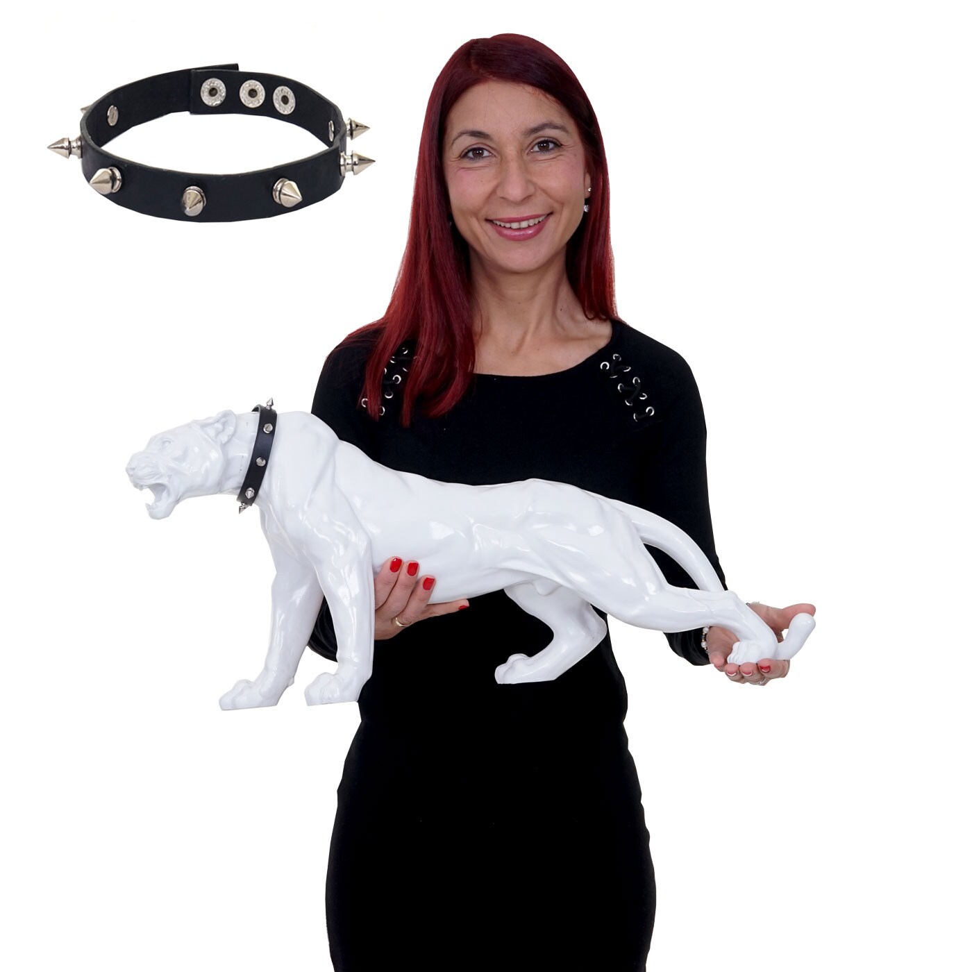 Deko Figur Panther 59cm, Polyresin Skulptur Leopard, In-/Outdoor ~ wei&szlig; hochglanz mit Halsband 