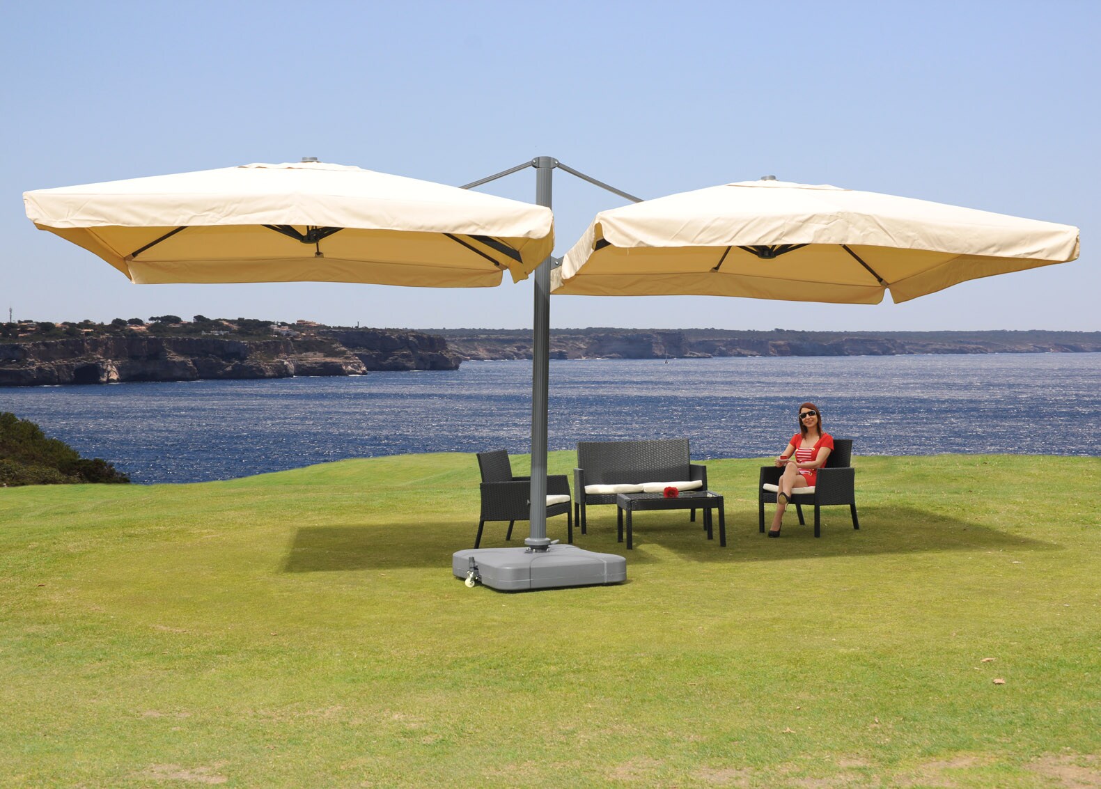 Gastronomie-Alu-Luxus-Doppel-Ampelschirm T44, Pergola-Markise-Effekt, 6,2x3m, creme + St&auml;nder 