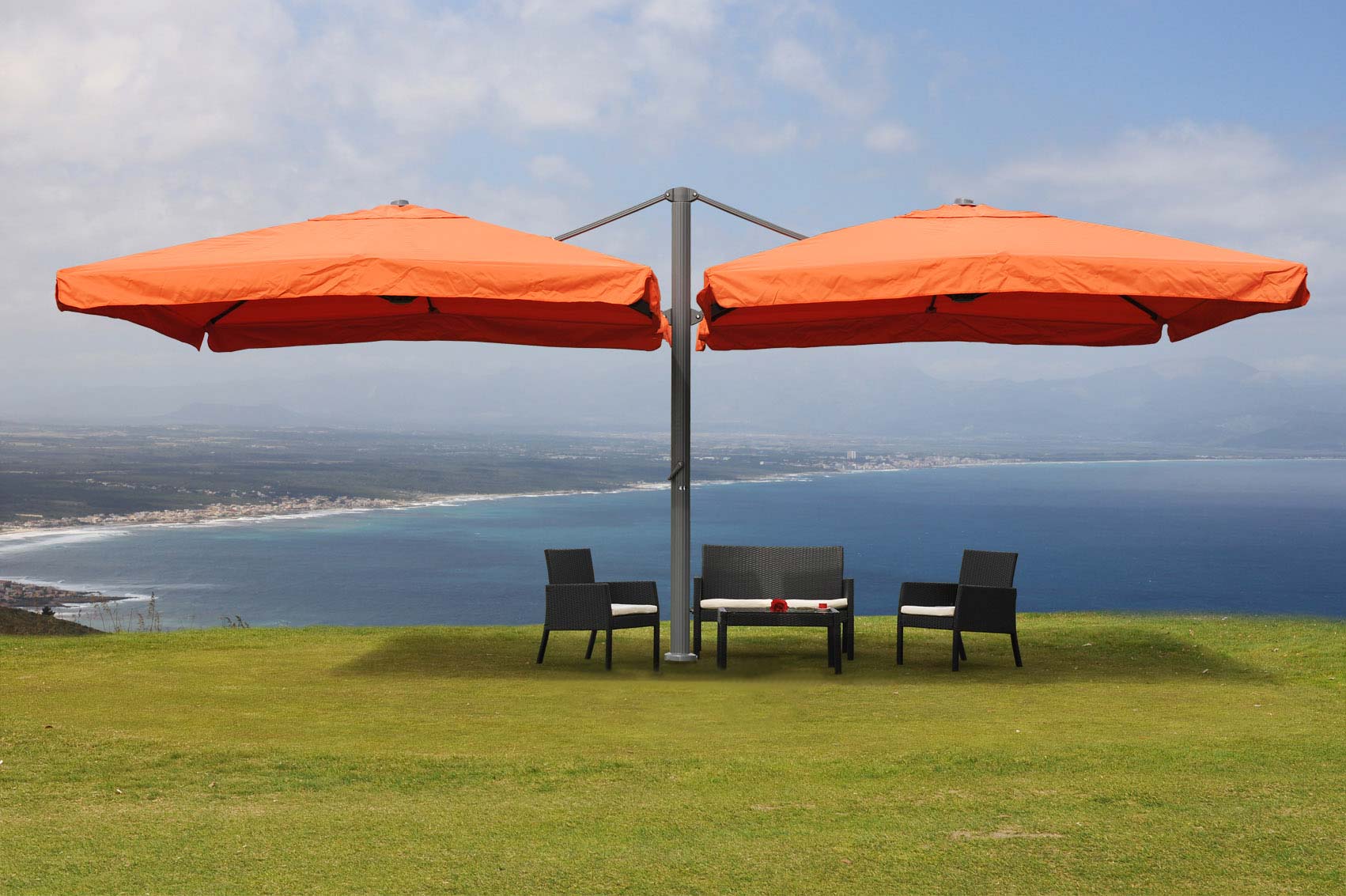 Gastronomie-Alu-Luxus-Doppel-Ampelschirm T44, Pergola-Markise-Effekt, 6,2x3m Polyester 50kg ~ terracotta 