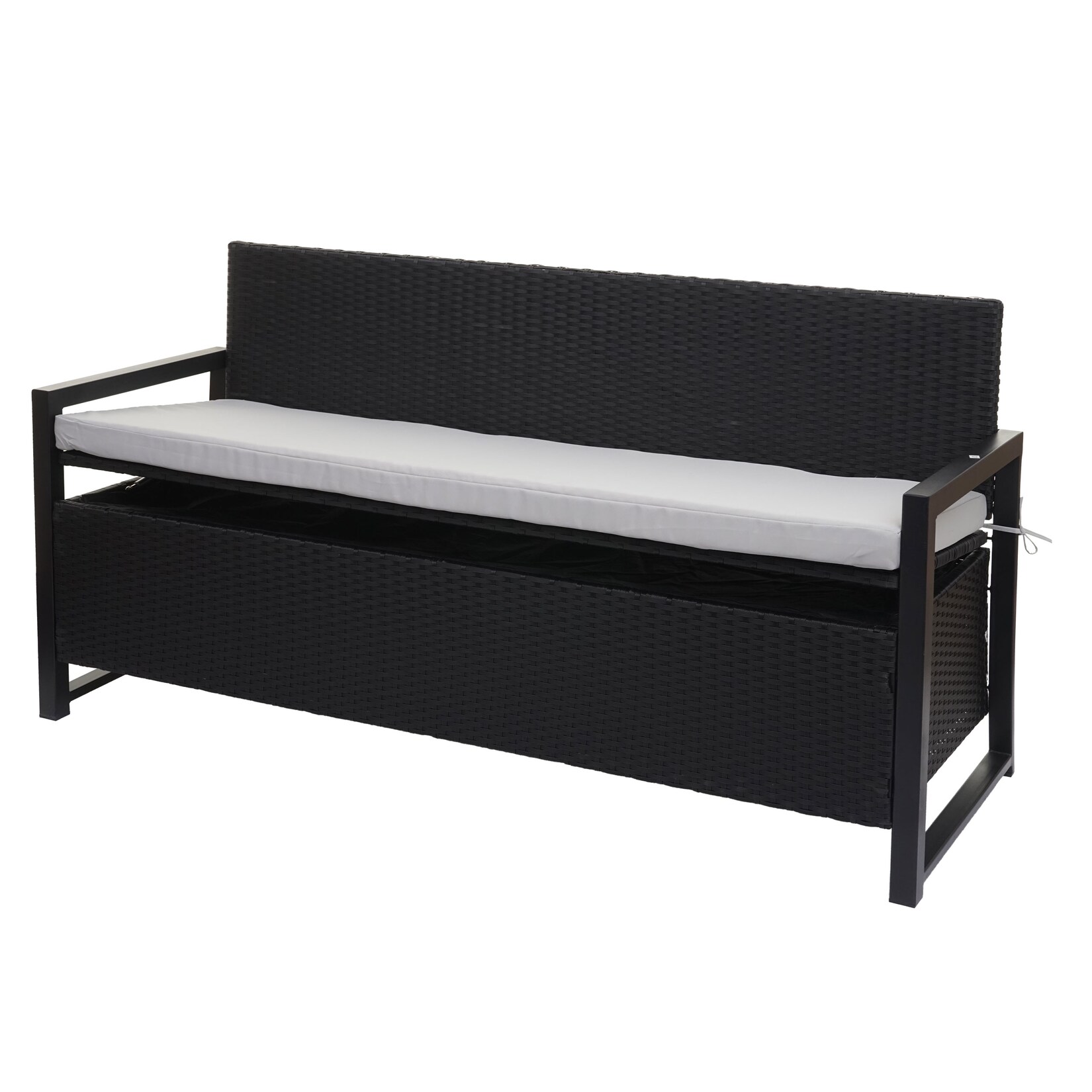 Poly-Rattan 3er Sitzbank -F39, Gartenbank Truhenbank, Staufach Aufbewahrung Sitzkissen ~ anthrazit, Kissen grau