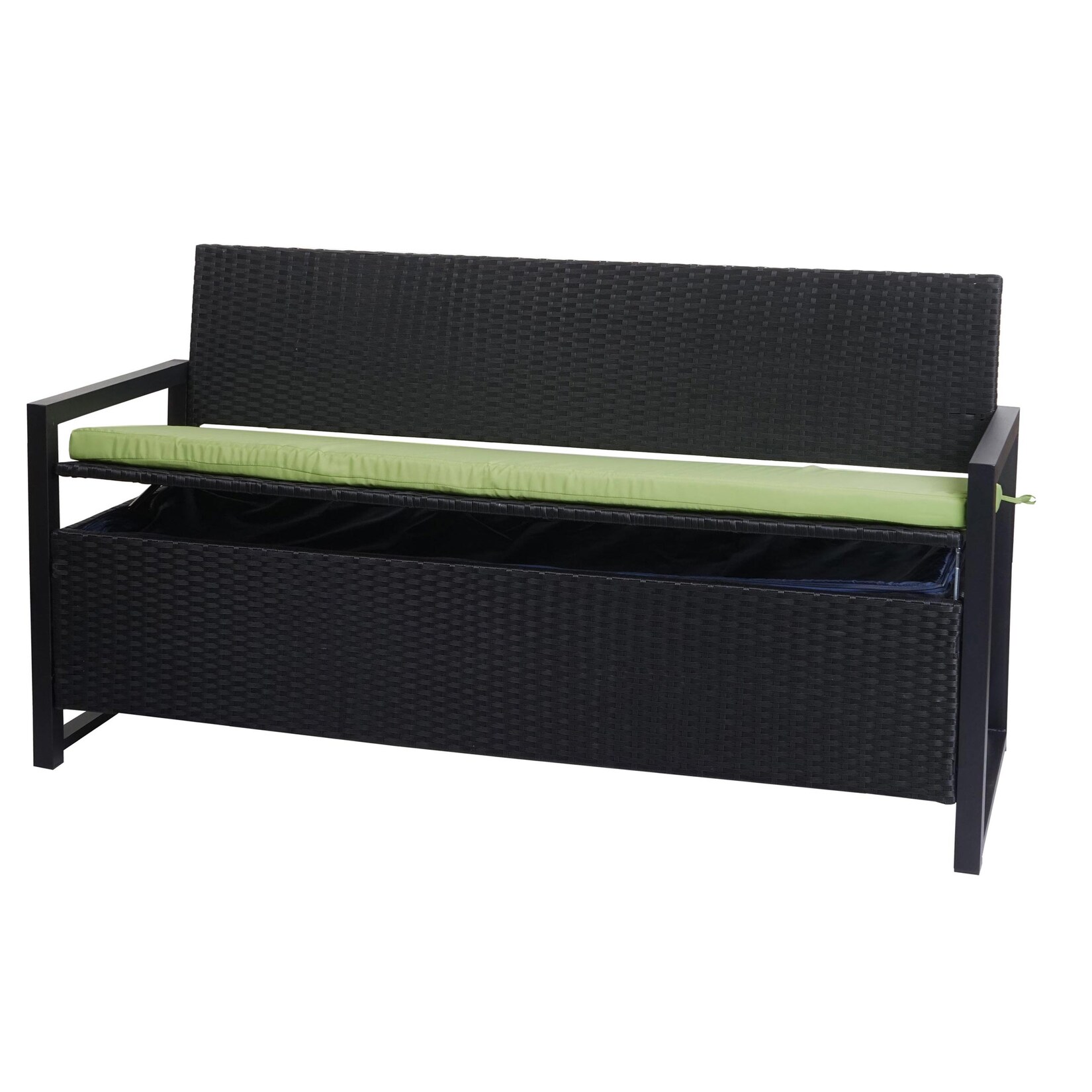 Poly-Rattan 3er Sitzbank -F39, Gartenbank Truhenbank, Staufach Aufbewahrung Sitzkissen ~ anthrazit, Kissen grün