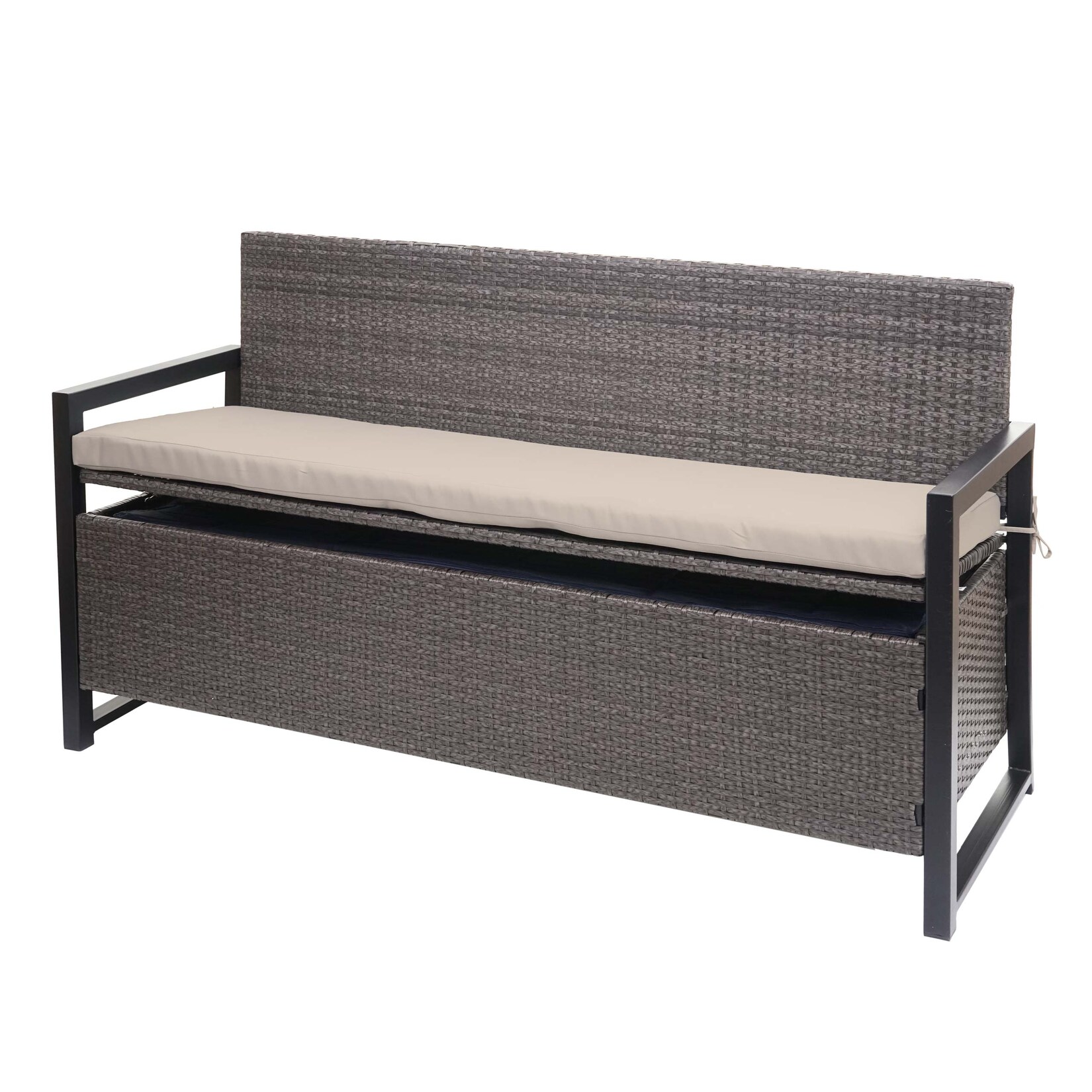 Poly-Rattan 3er Sitzbank -F39, Gartenbank Truhenbank, Staufach Aufbewahrung Sitzkissen ~ grau-meliert, Kissen beige