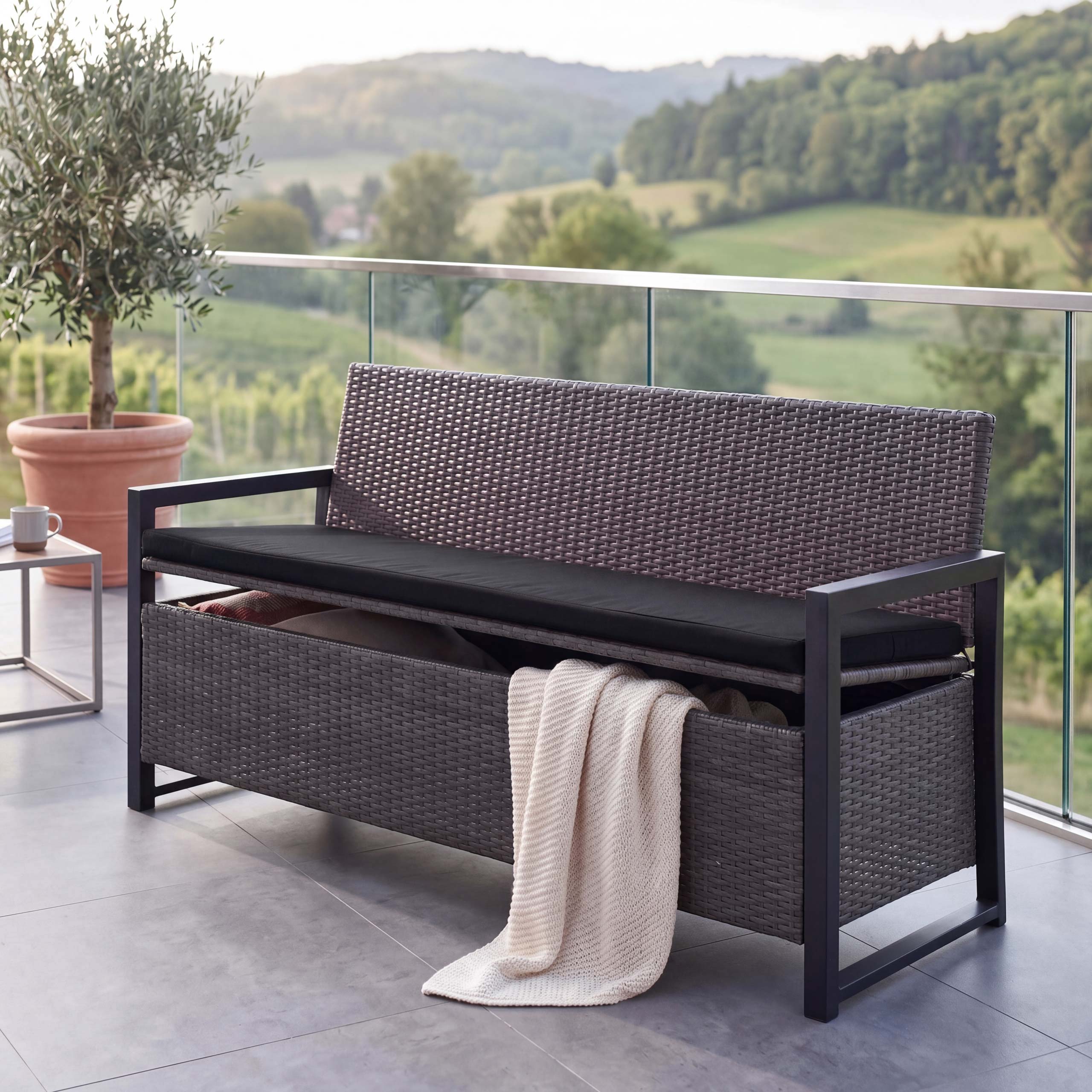 Poly-Rattan 3er Sitzbank MCW-F39, Gartenbank Truhenbank, Staufach Aufbewahrung Sitzkissen ~ grau, Kissen schwarz 