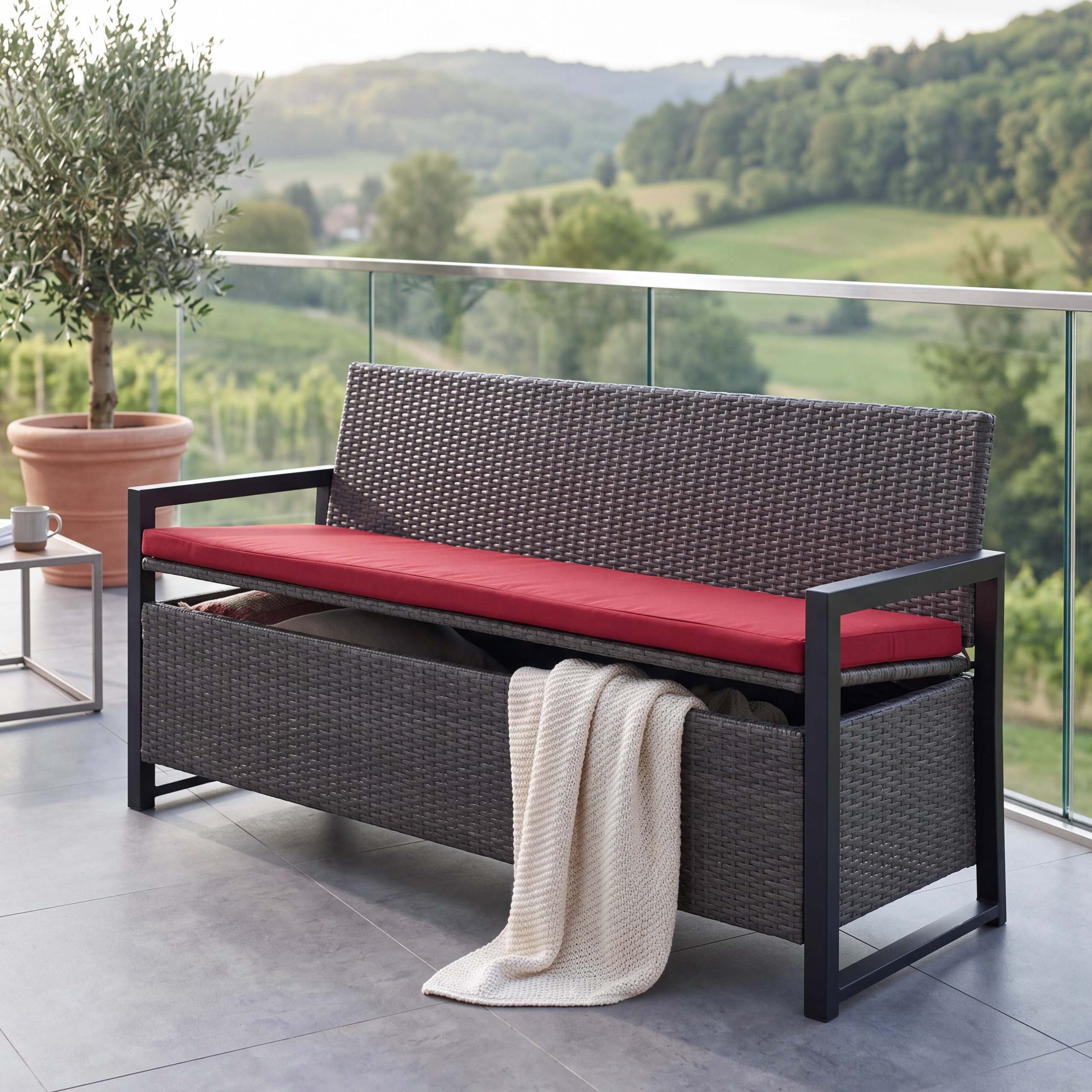 Poly-Rattan 3er Sitzbank MCW-F39, Gartenbank Truhenbank, Staufach Aufbewahrung Sitzkissen ~ grau, Kissen bordeaux 