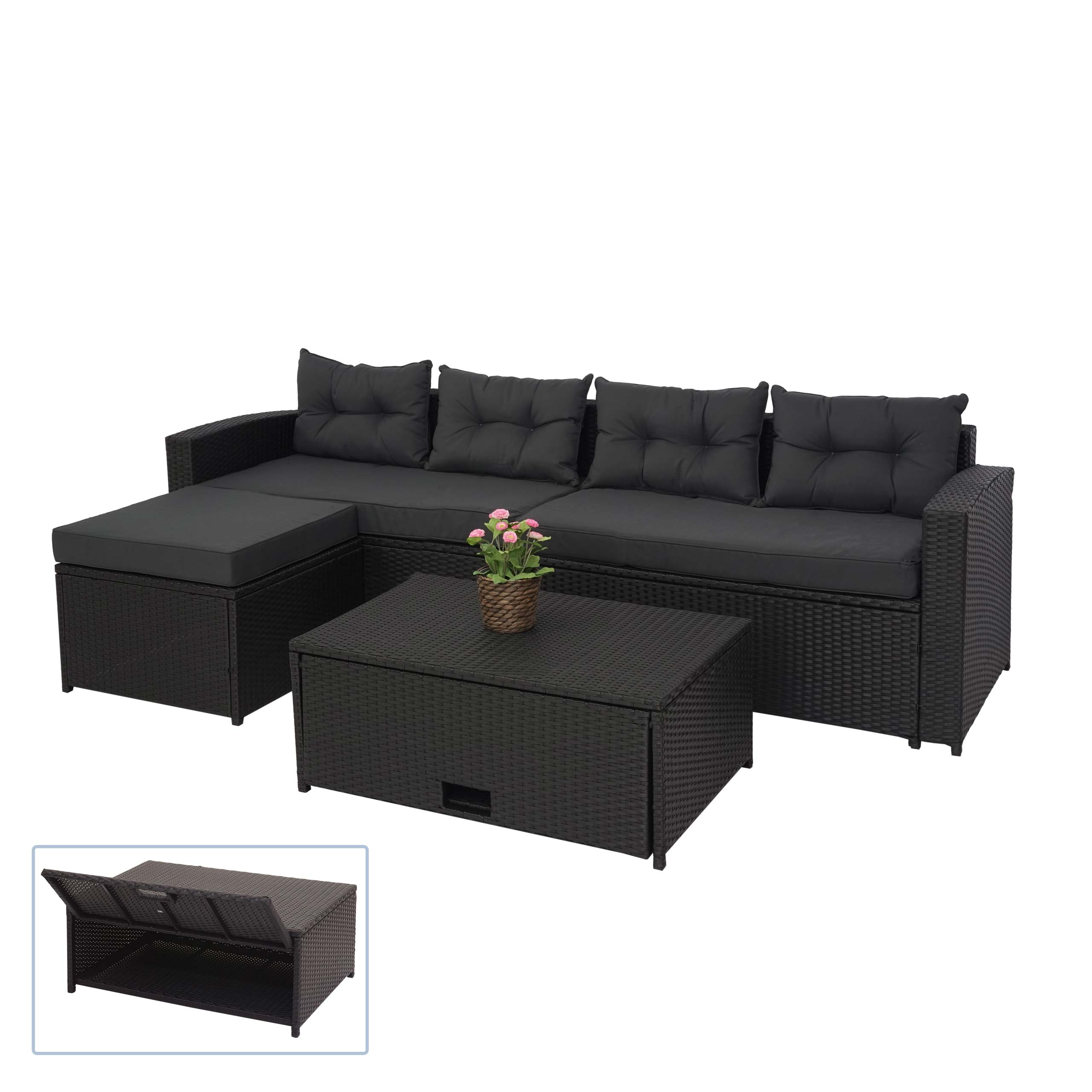 Poly-Rattan Garnitur MCW-J34, Balkon-/Garten-/Lounge-Set Sitzgruppe Sofa, Staufach ~ schwarz, Kissen dunkelgrau 