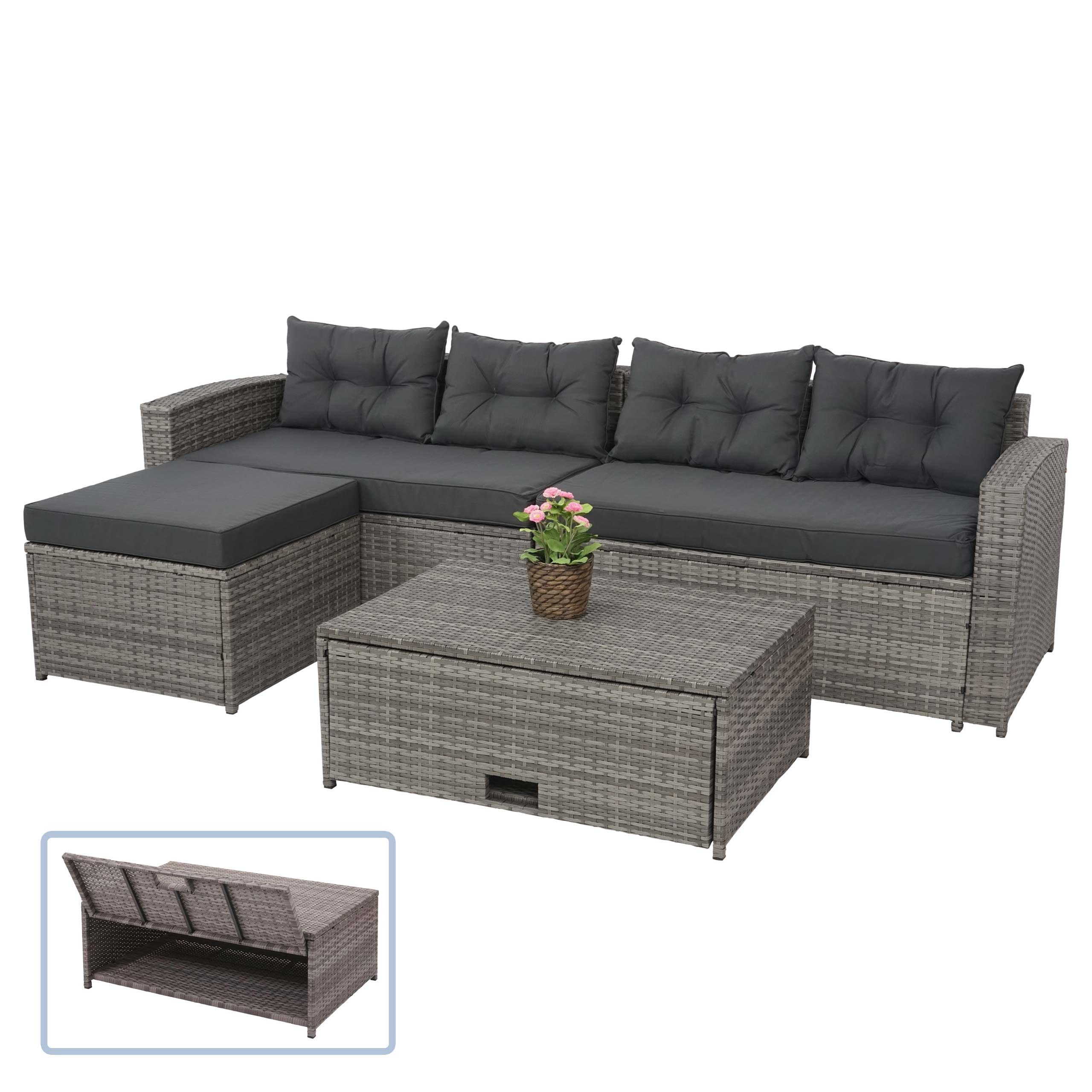 Poly-Rattan Garnitur MCW-J34, Balkon-/Garten-/Lounge-Set Sitzgruppe Sofa, Staufach ~ grau, Kissen dunkelgrau 
