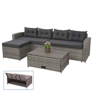Poly-Rattan Garnitur MCW-J34, Balkon-/Garten-/Lounge-Set Sitzgruppe Sofa, Staufach ~ grau, Kissen dunkelgrau 
