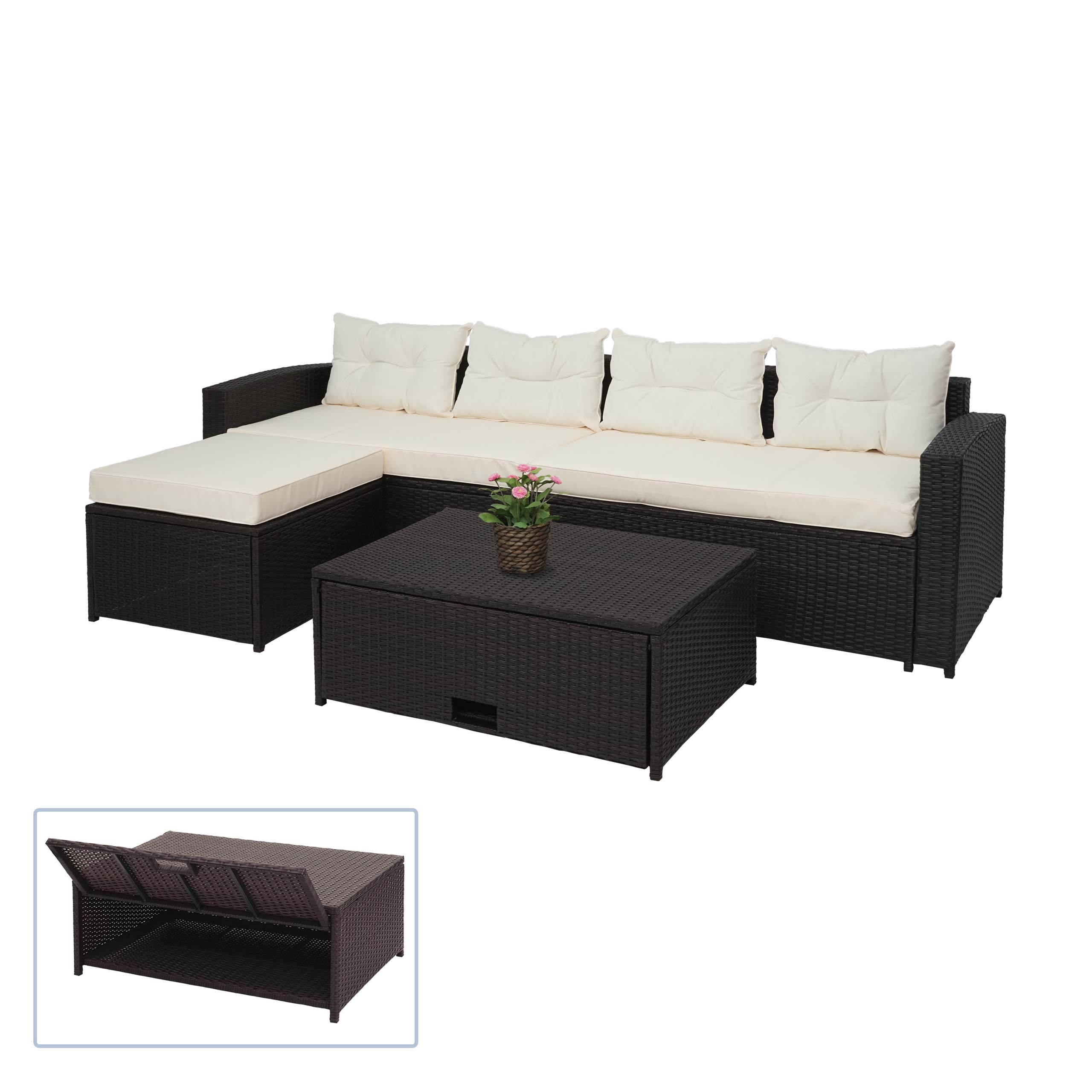 Poly-Rattan Garnitur MCW-J34, Balkon-/Garten-/Lounge-Set Sitzgruppe Sofa, Staufach ~ braun, Kissen creme-beige 