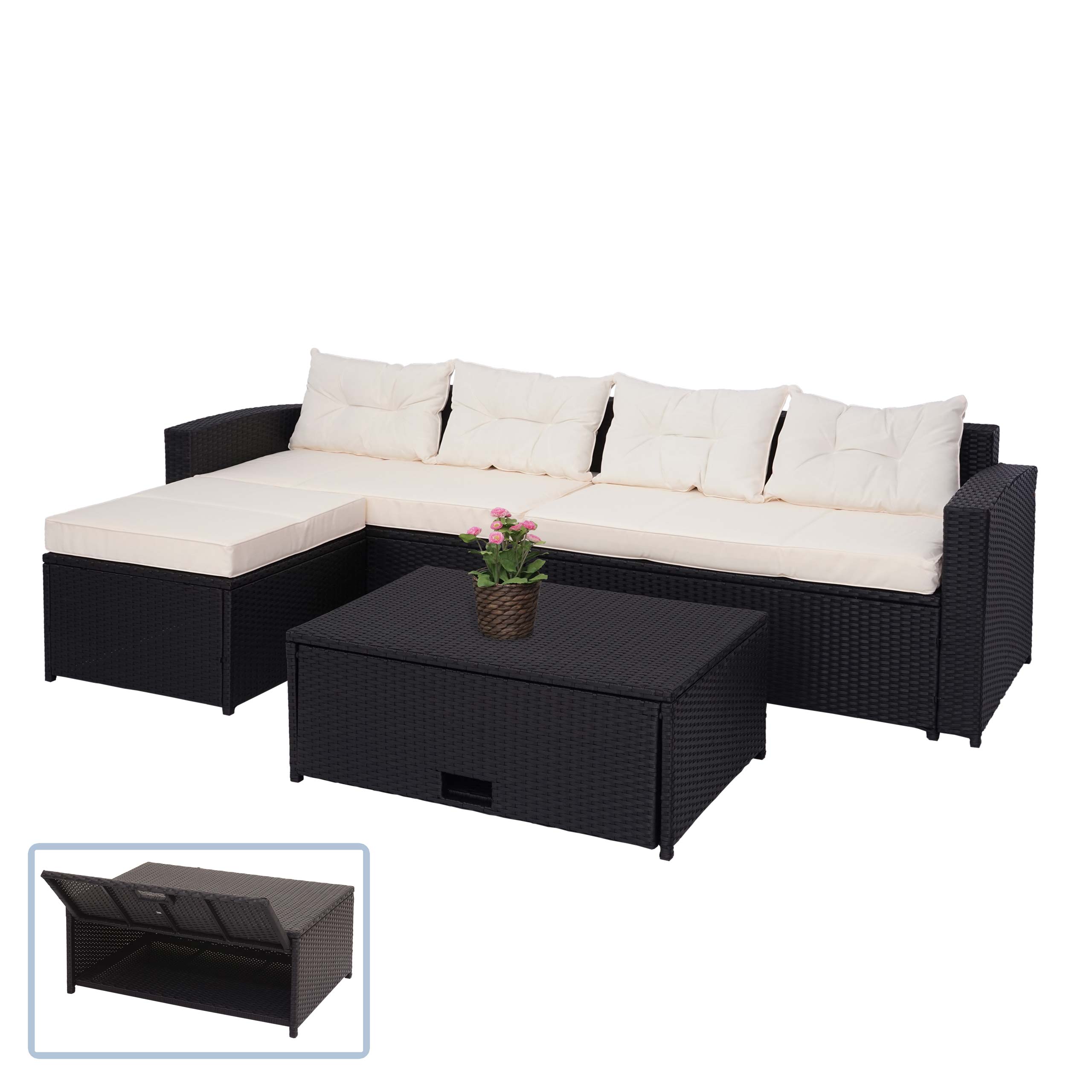 Poly-Rattan Garnitur MCW-J34, Balkon-/Garten-/Lounge-Set Sitzgruppe Sofa, Staufach ~ schwarz, Kissen creme-beige 